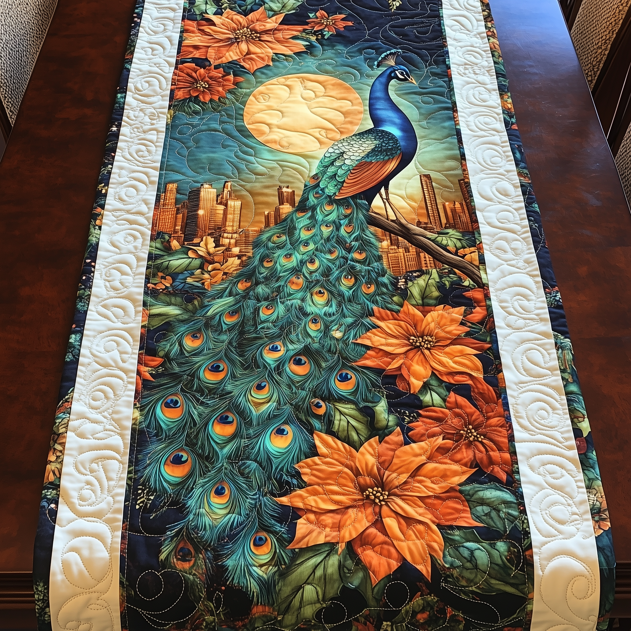 Moonlight Peacock Blossom Quilted Table Runner, Easter Table Runner, Spring Table Runner, Mother's Day Gifts