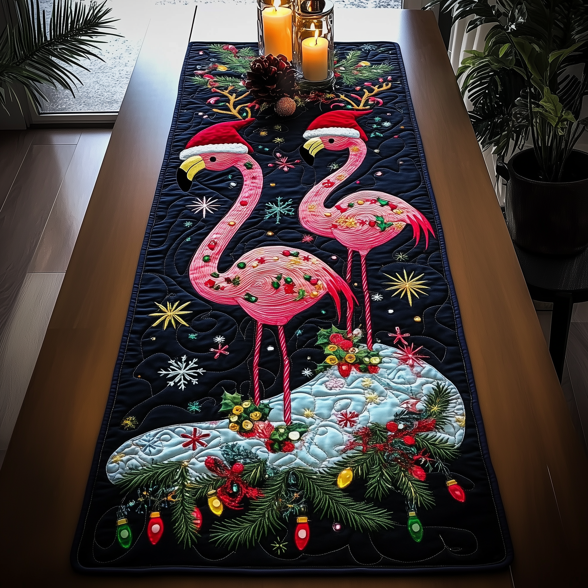 Christmas Flamingo Quilted Table Runner, Easter Table Runner, Spring Table Runner, Mother's Day Gifts