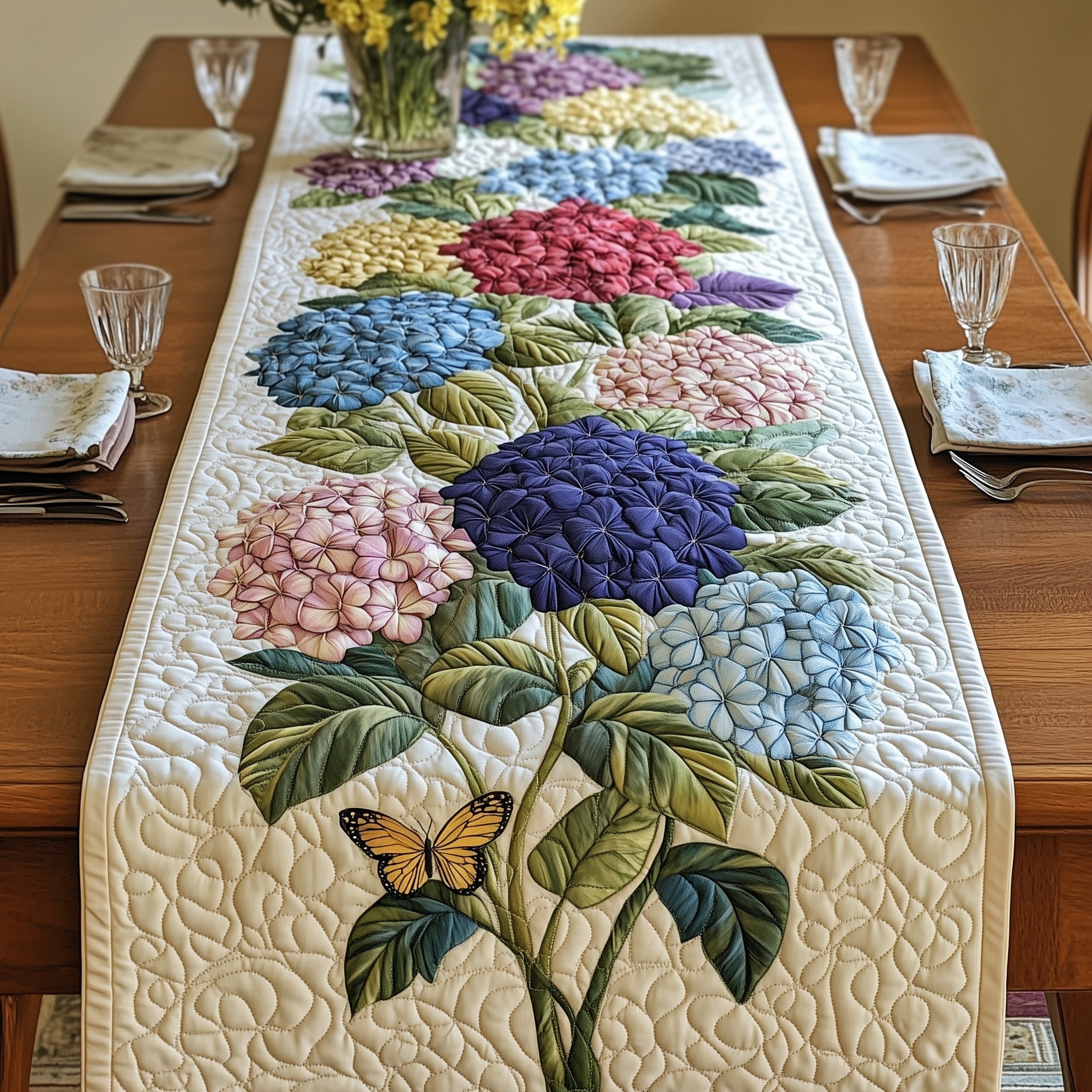 Blooming Hydrangea Paradise Quilted Table Runner, Easter Table Runner, Spring Table Runner, Mother's Day Gifts