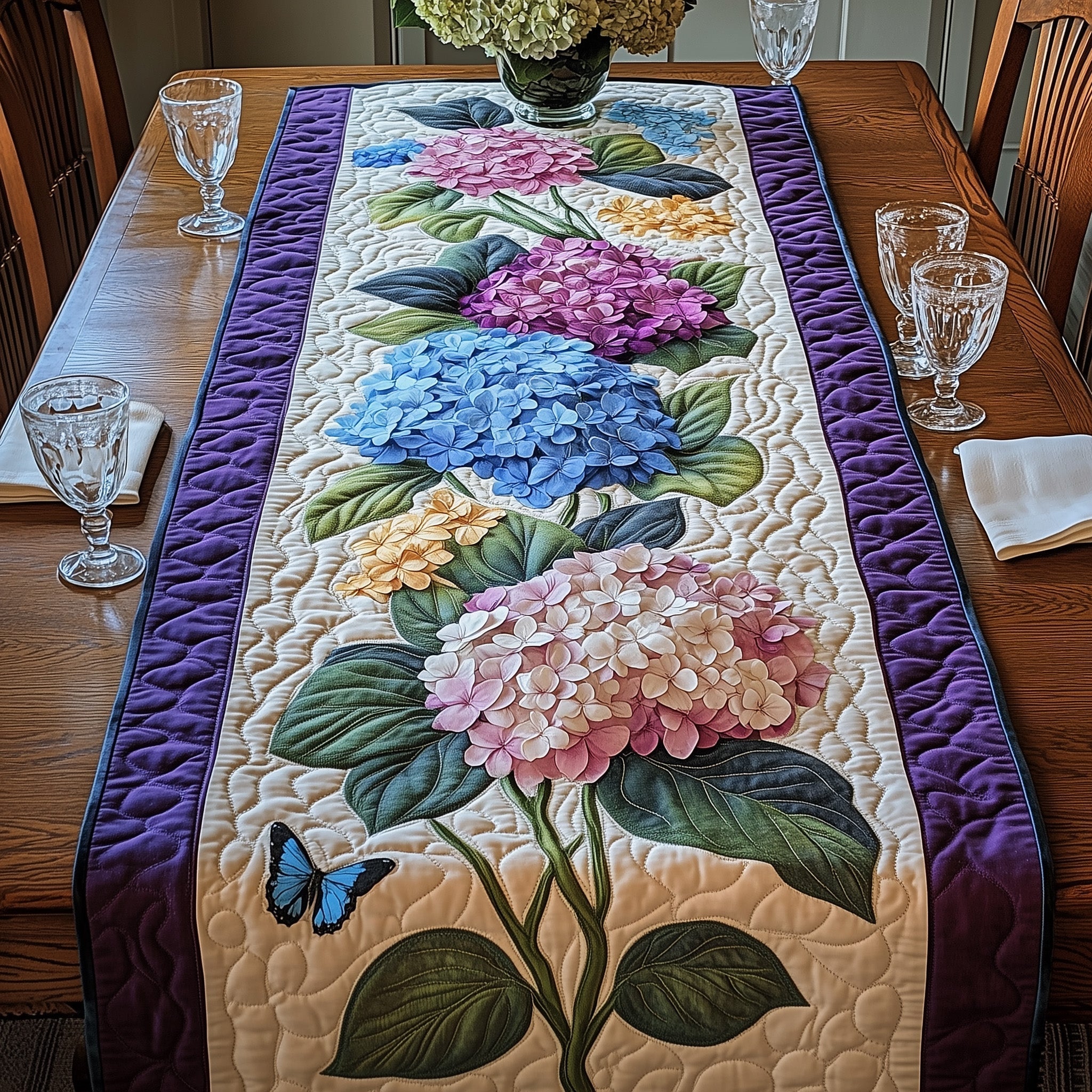 Hydrangea Floral Bliss Quilted Table Runner, Easter Table Runner, Spring Table Runner, Mother's Day Gifts