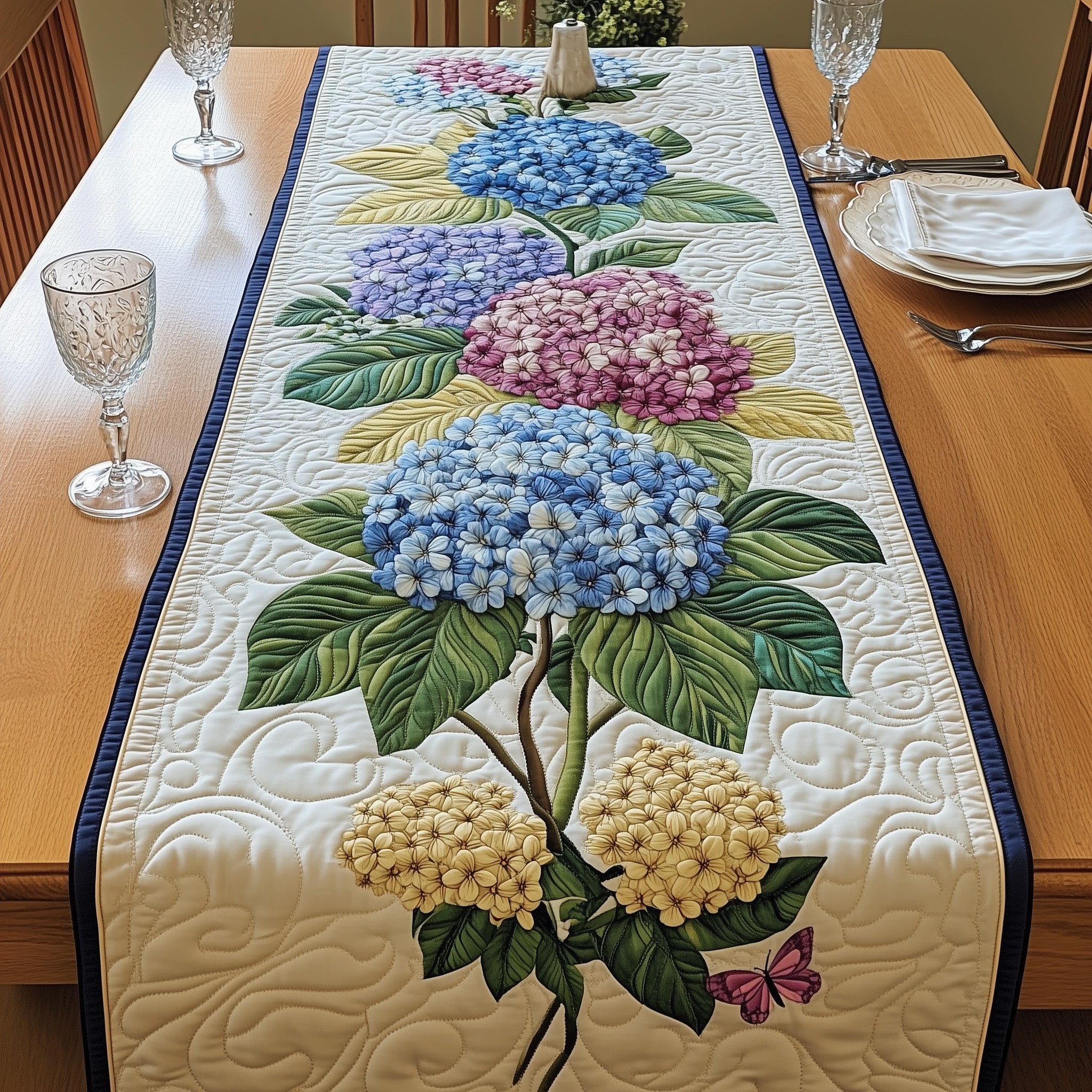 Elegance Hydrangeas Quilted Table Runner, Easter Table Runner, Spring Table Runner, Mother's Day Gifts