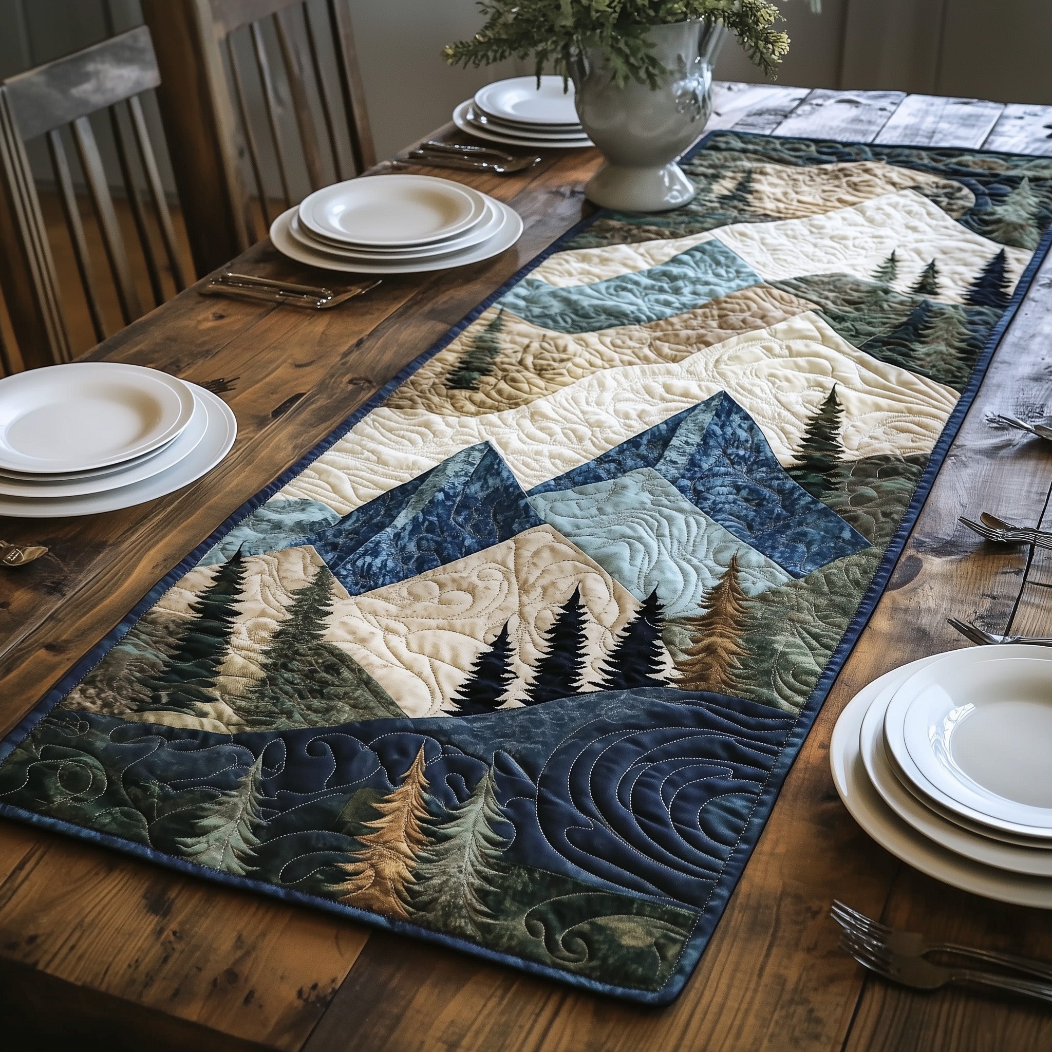 Peaceful Mountain Forest Quilted Table Runner, Easter Table Runner, Spring Table Runner, Mother's Day Gifts