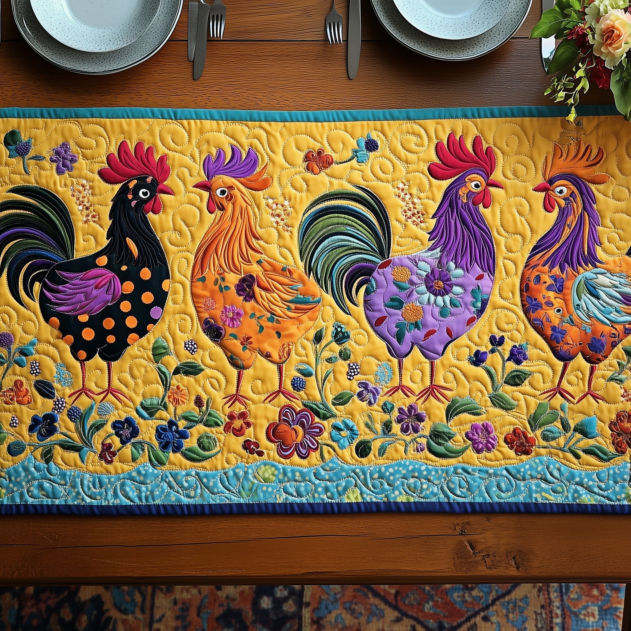 Sunshine Roosterscape Quilted Table Runner, Easter Table Runner, Spring Table Runner, Mother's Day Gifts