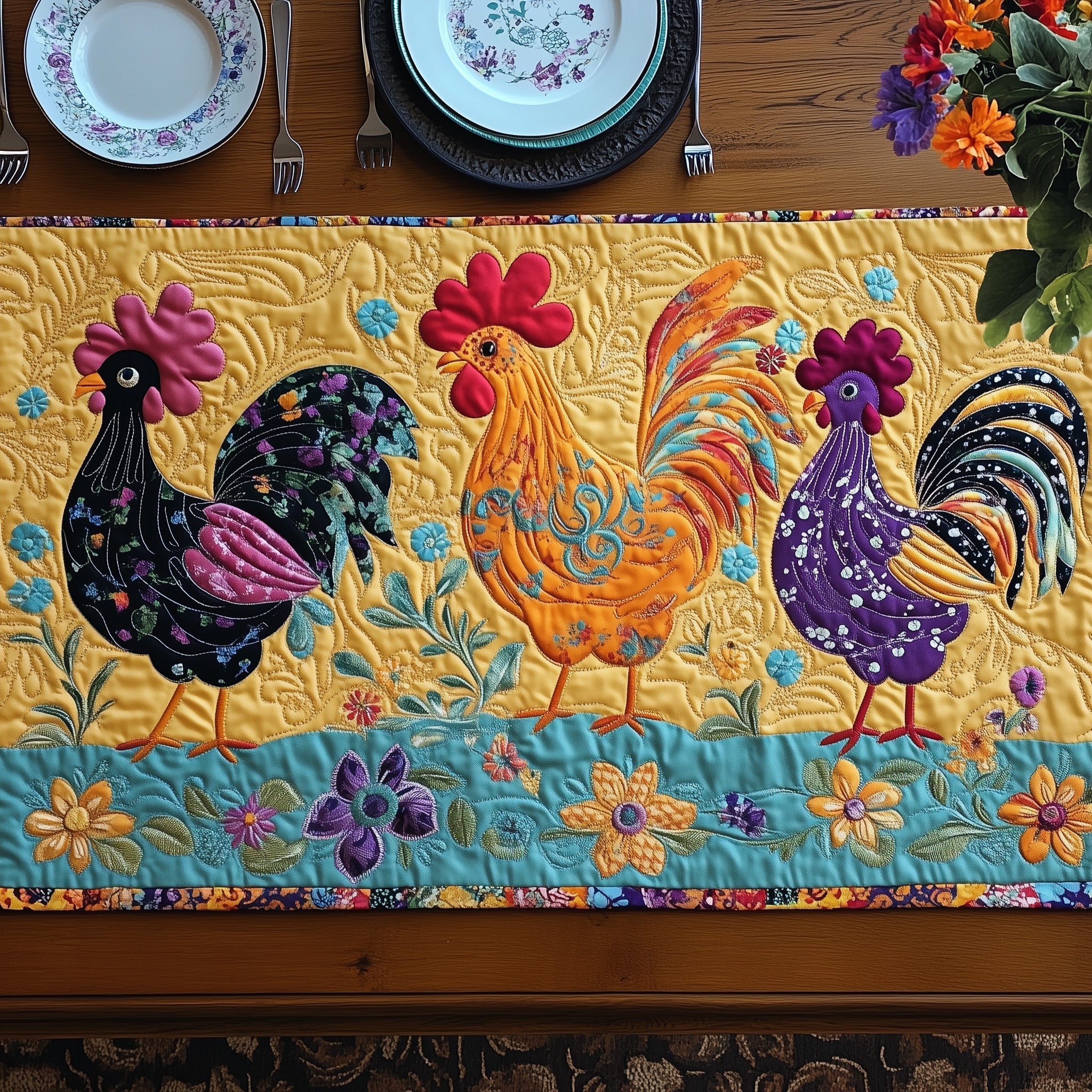 Chicken Heaven Quilted Table Runner, Easter Table Runner, Spring Table Runner, Mother's Day Gifts