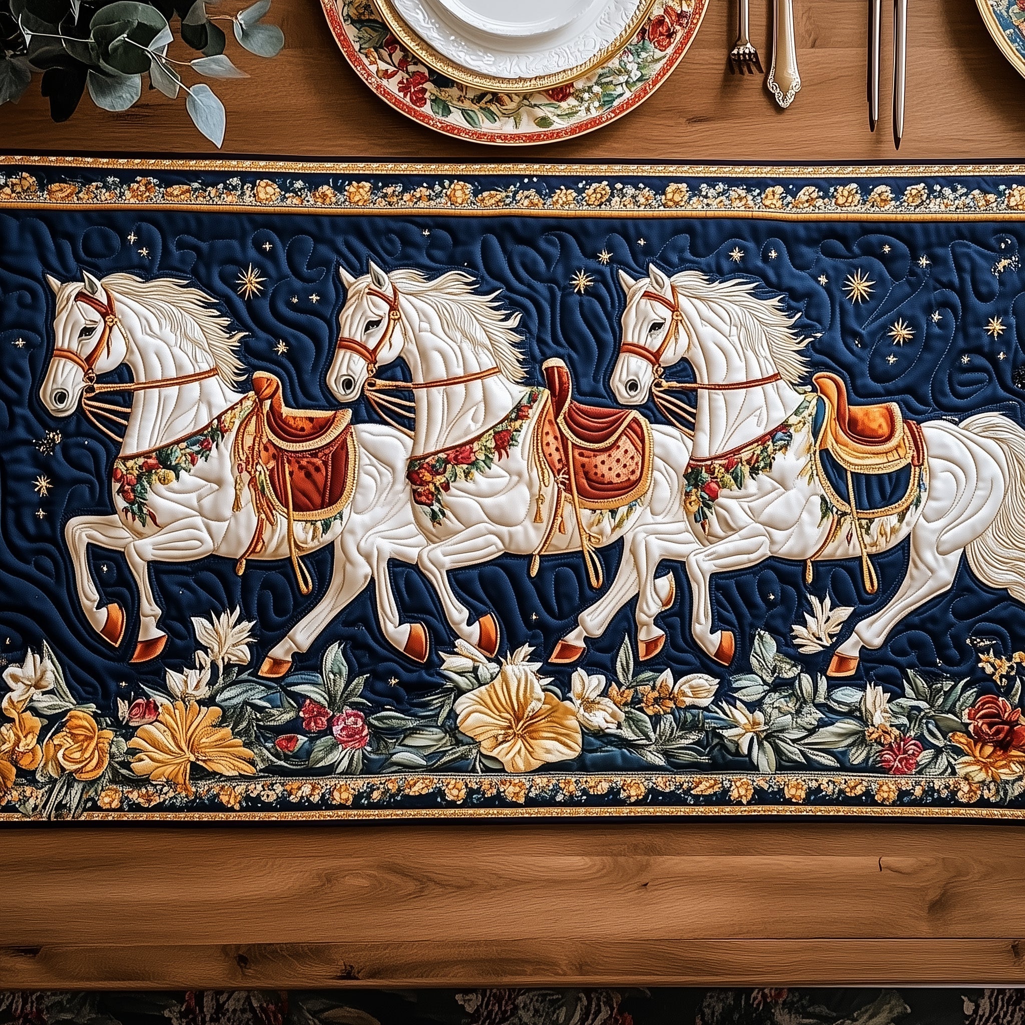 Majestic White Horses Quilted Table Runner, Easter Table Runner, Spring Table Runner, Mother's Day Gifts