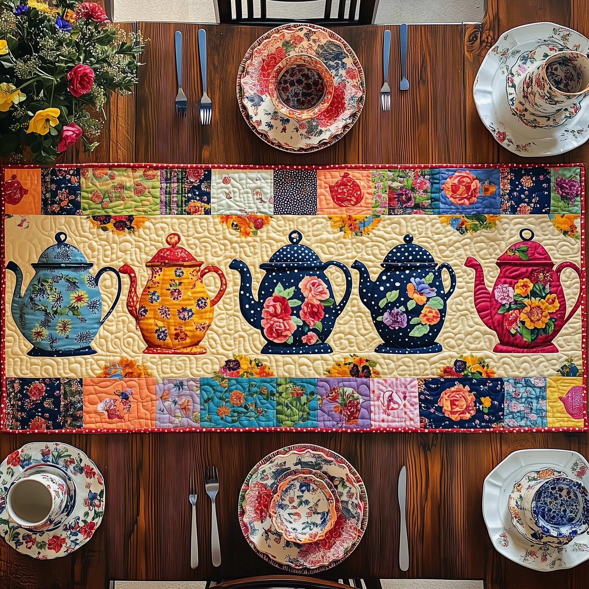 The Teapot Parade Quilted Table Runner, Easter Table Runner, Spring Table Runner, Mother's Day Gifts