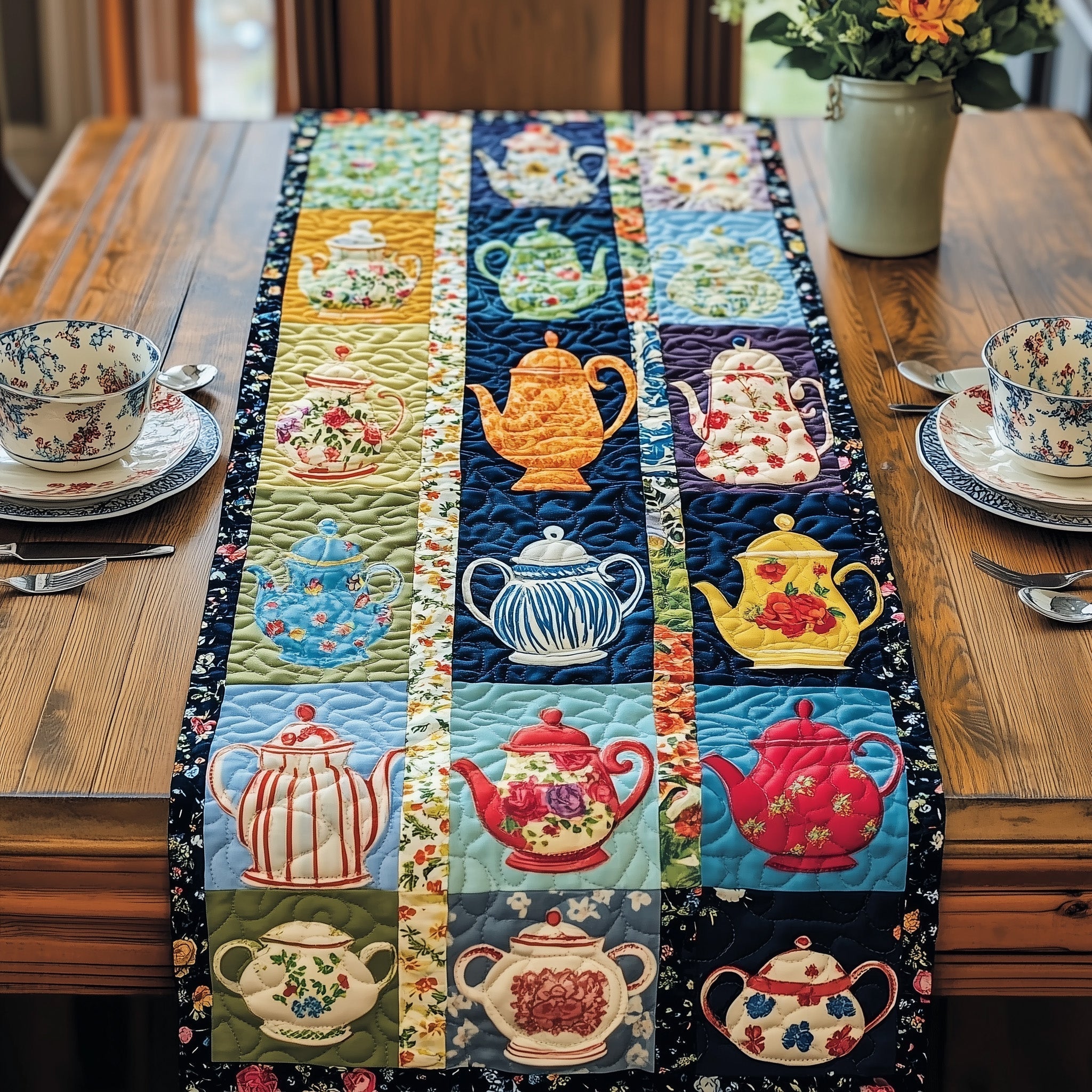 A Symphony of Teapots Quilted Table Runner, Easter Table Runner, Spring Table Runner, Mother's Day Gifts