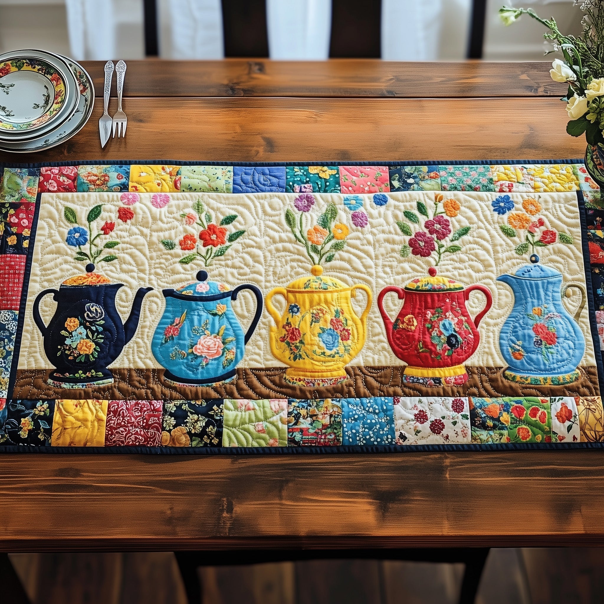 Teapot Collection Quilted Table Runner, Easter Table Runner, Spring Table Runner, Mother's Day Gifts