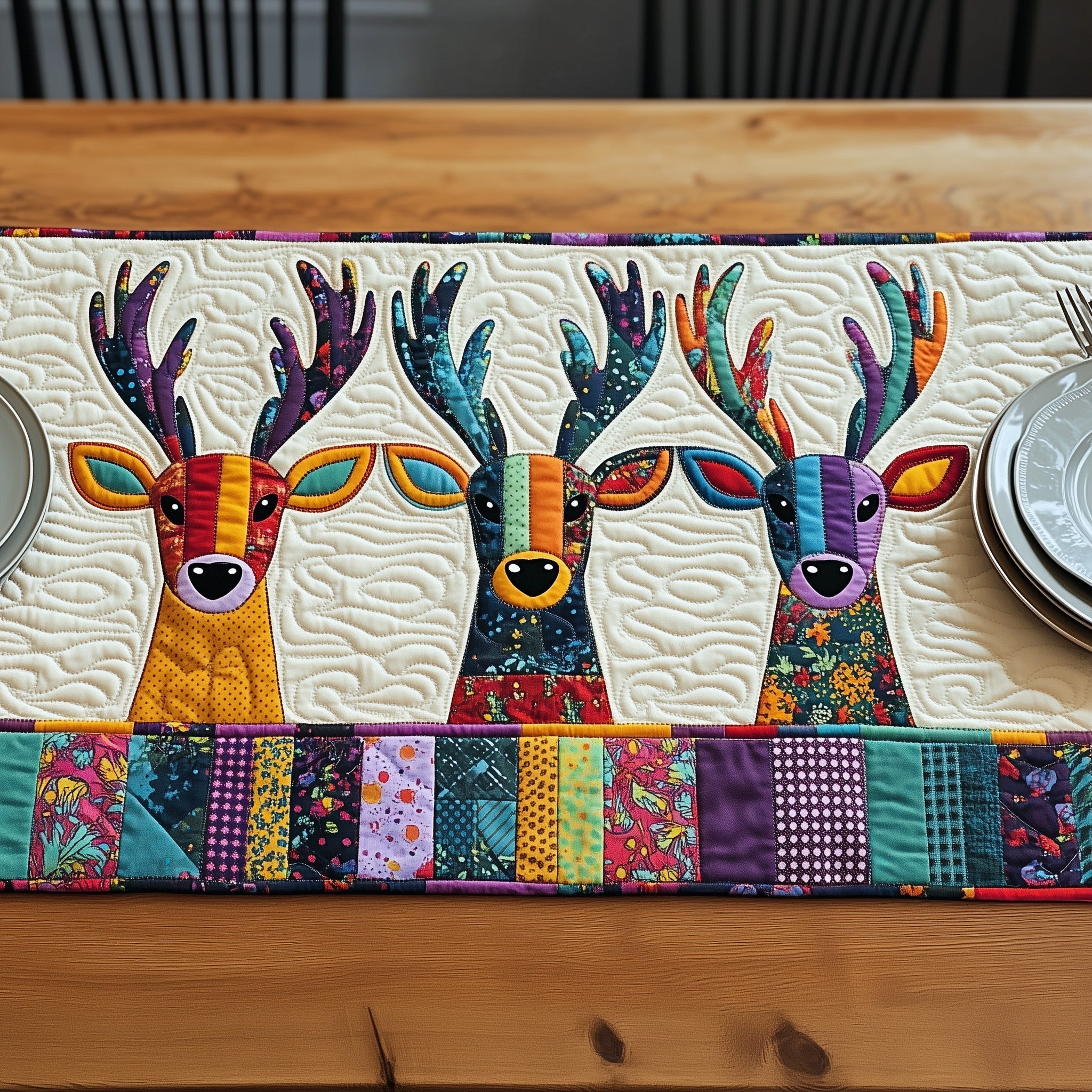 Vibrant Deer Patchwork Quilted Table Runner, Easter Table Runner, Spring Table Runner, Mother's Day Gifts