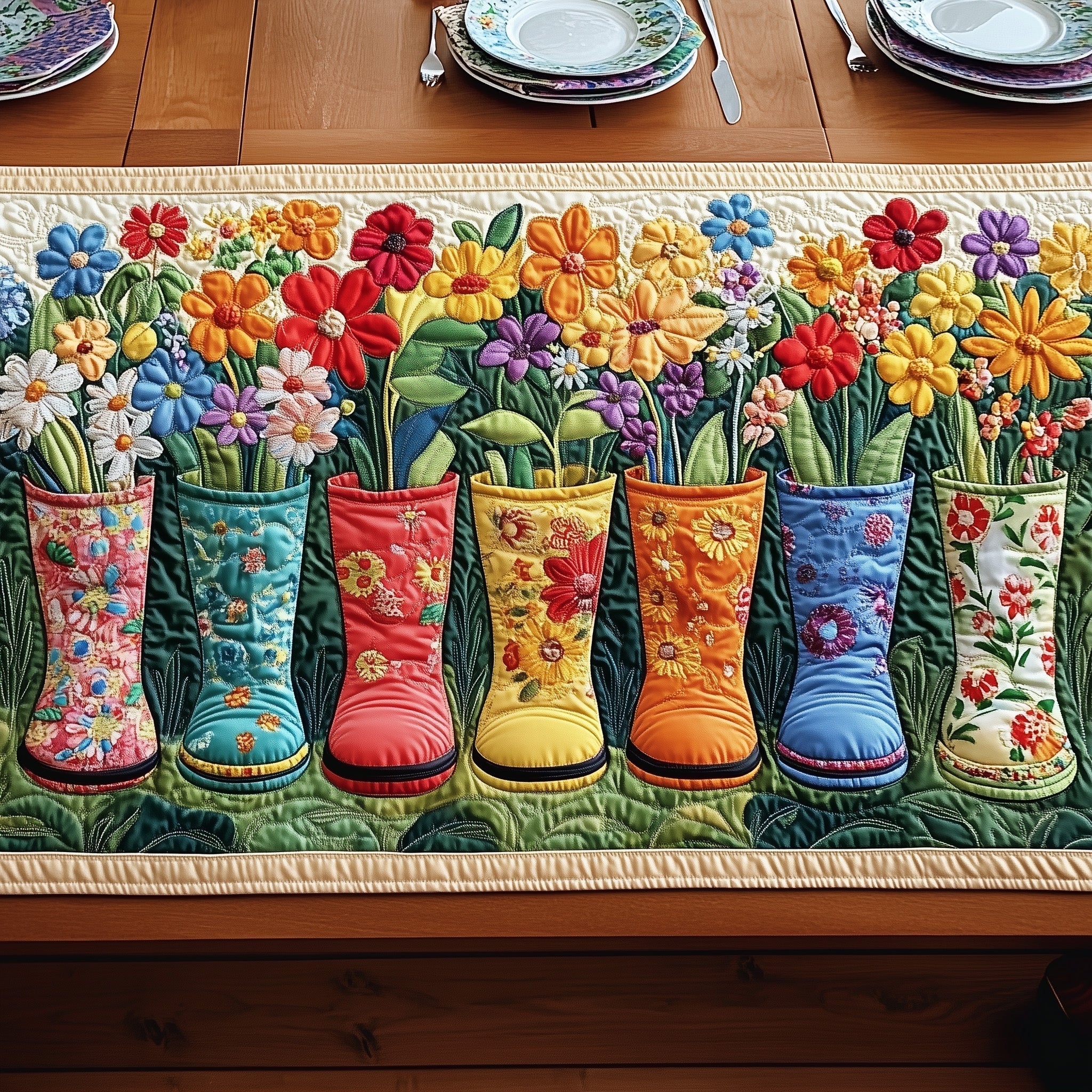 Garden Boot Delight Quilted Table Runner, Easter Table Runner, Spring Table Runner, Mother's Day Gifts