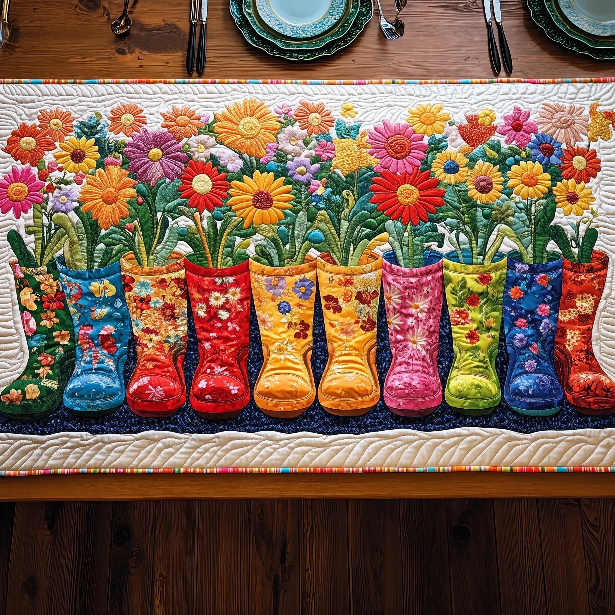 Boots of Bloom Quilted Table Runner, Easter Table Runner, Spring Table Runner, Mother's Day Gifts