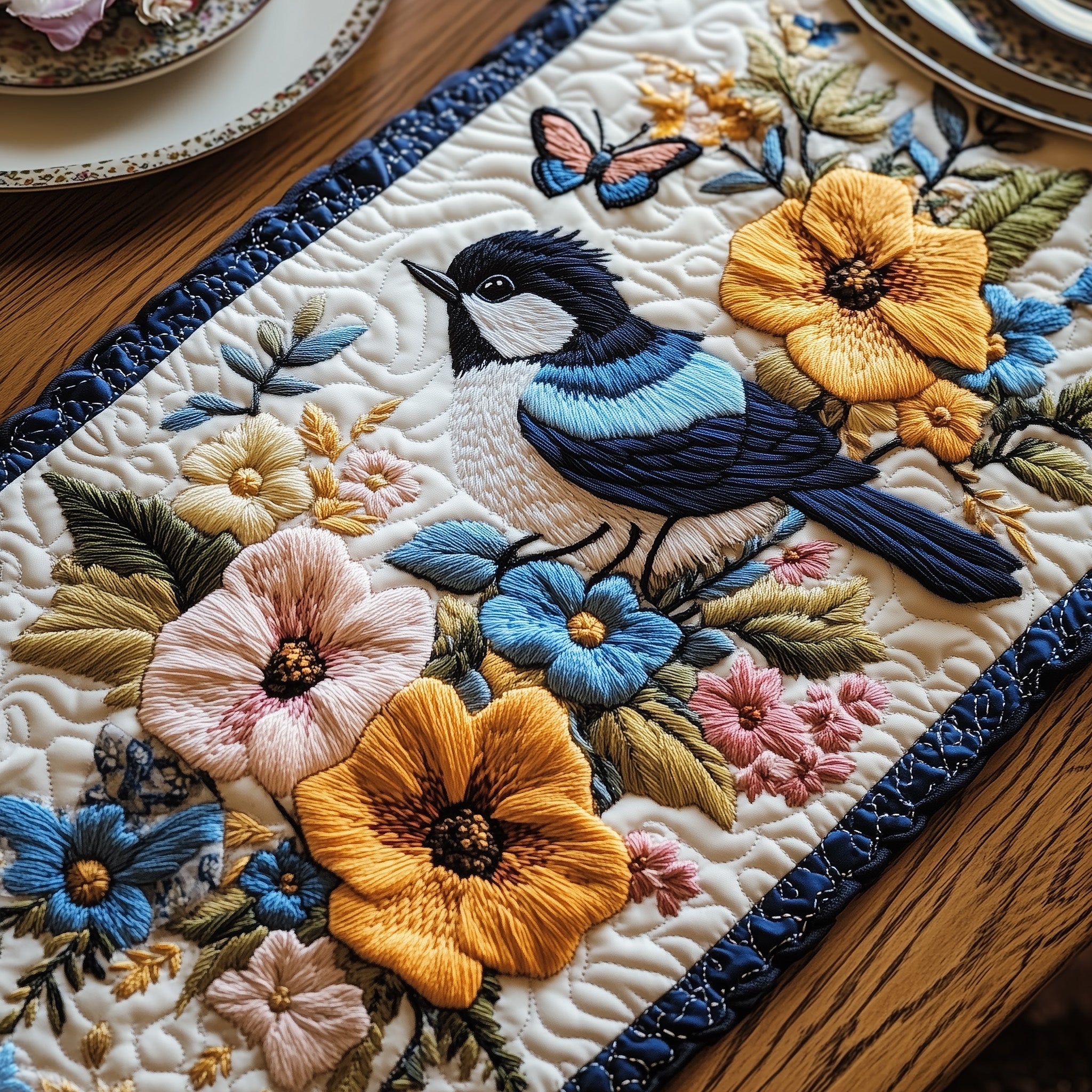 Blossom and Bluebird Quilted Table Runner, Easter Table Runner, Spring Table Runner, Mother's Day Gifts