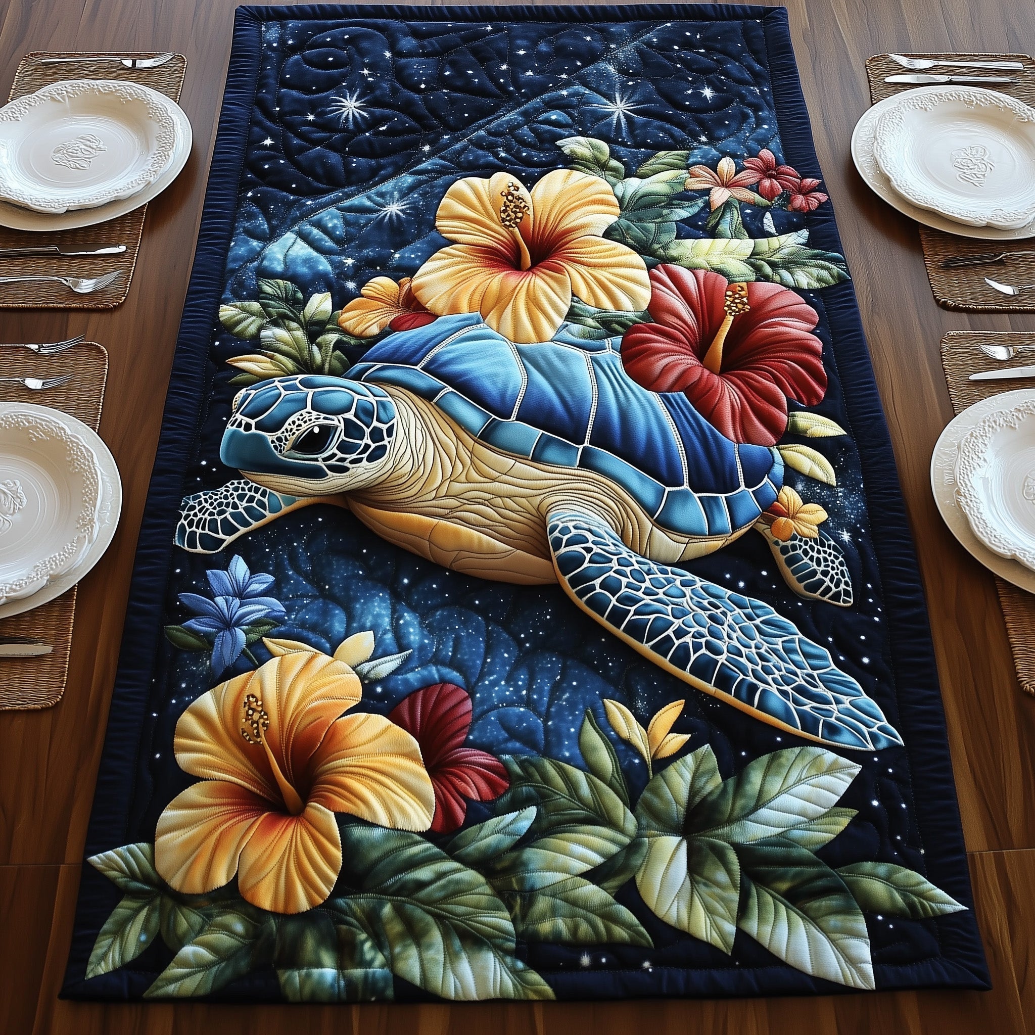 Celestial Bloom Turtle Quilted Table Runner, Easter Table Runner, Spring Table Runner, Mother's Day Gifts