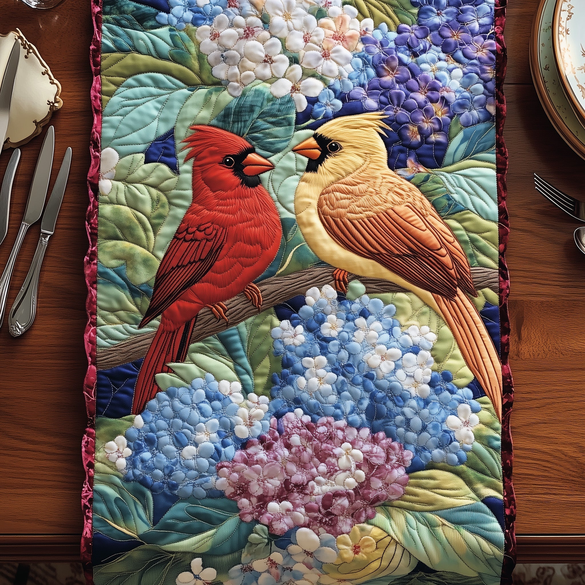 Cardinals in Bloom Quilted Table Runner, Easter Table Runner, Spring Table Runner, Mother's Day Gifts