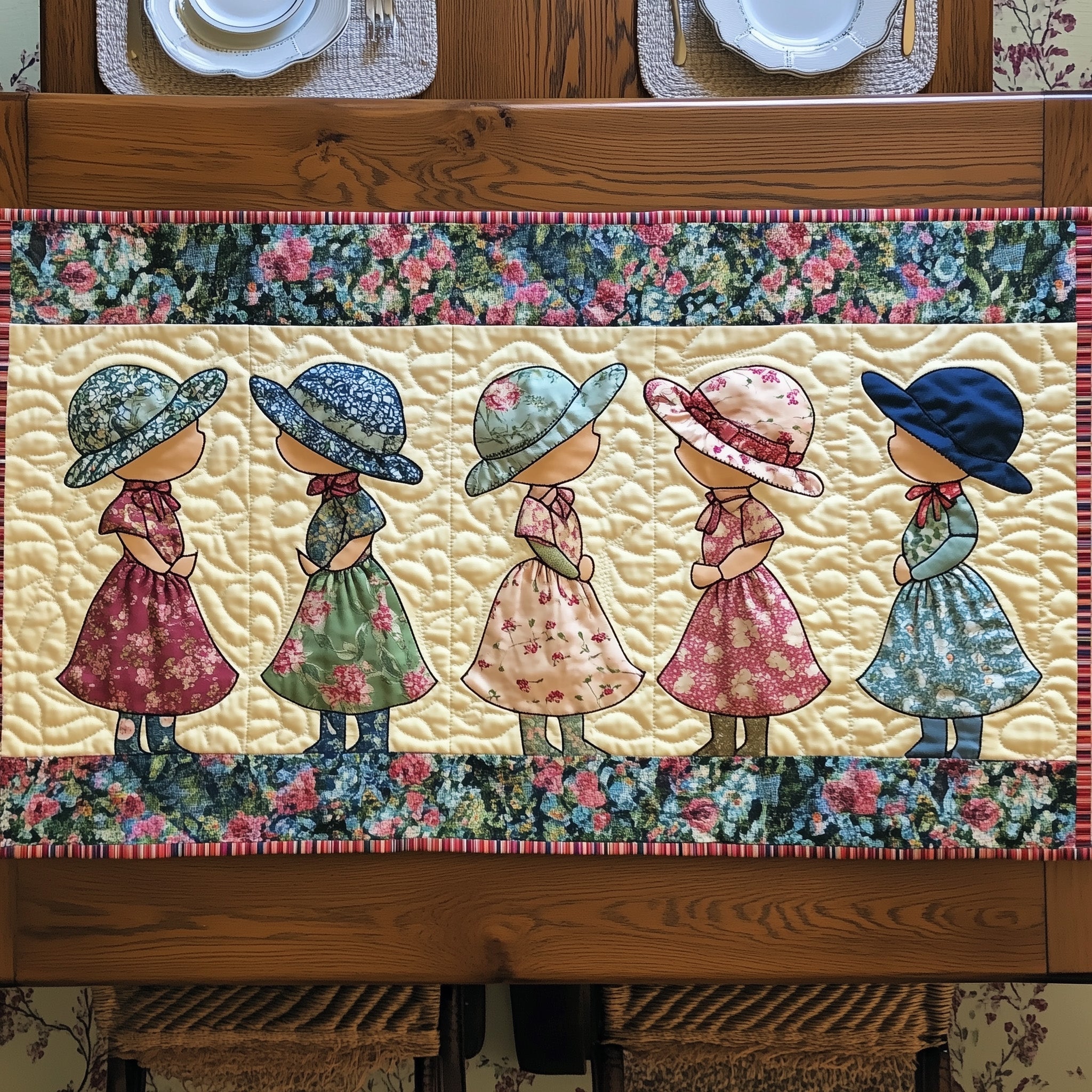 Vintage Sunbonnet Sue Quilted Table Runner, Easter Table Runner, Spring Table Runner, Mother's Day Gifts