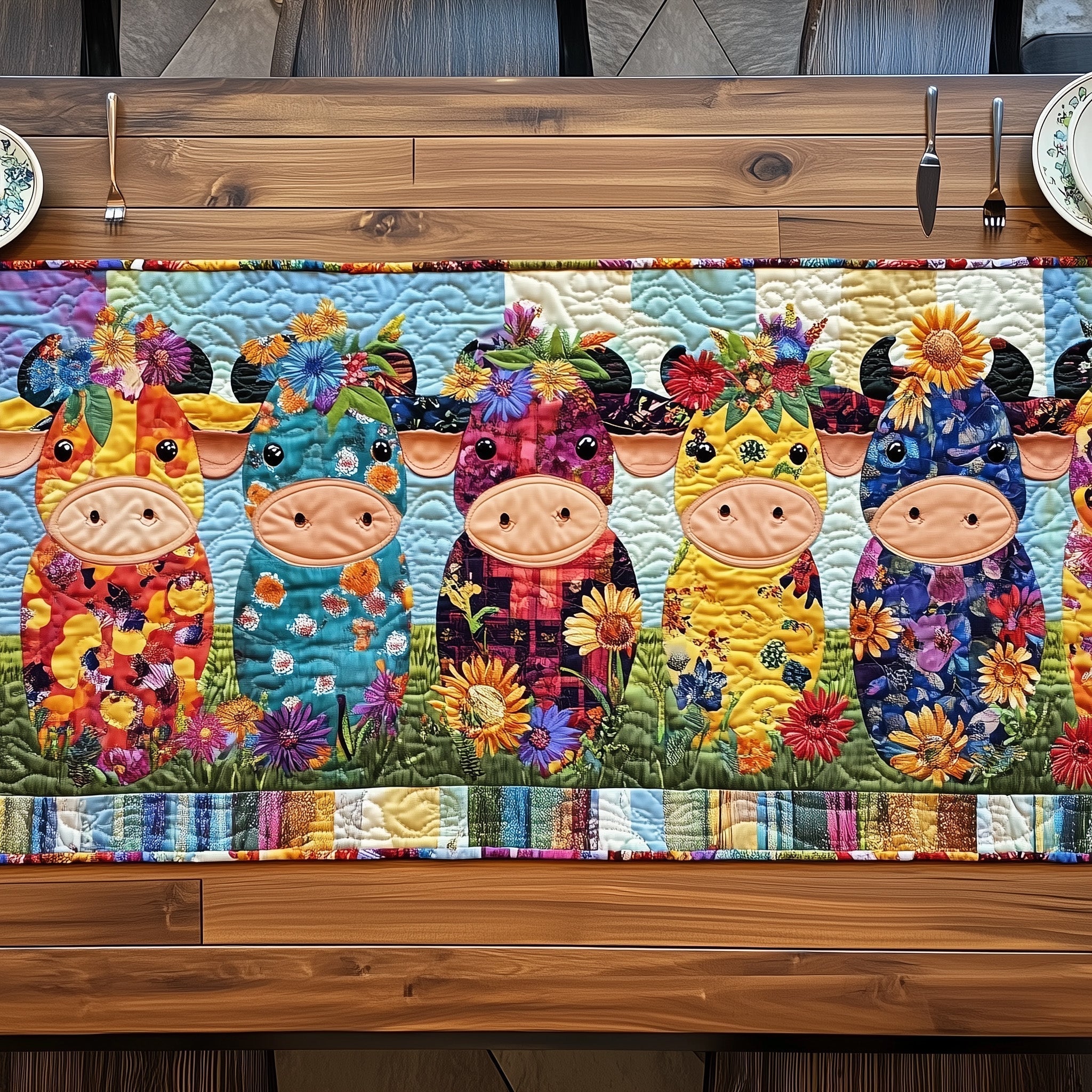 Patchwork Cows Quilted Table Runner, Easter Table Runner, Spring Table Runner, Mother's Day Gifts