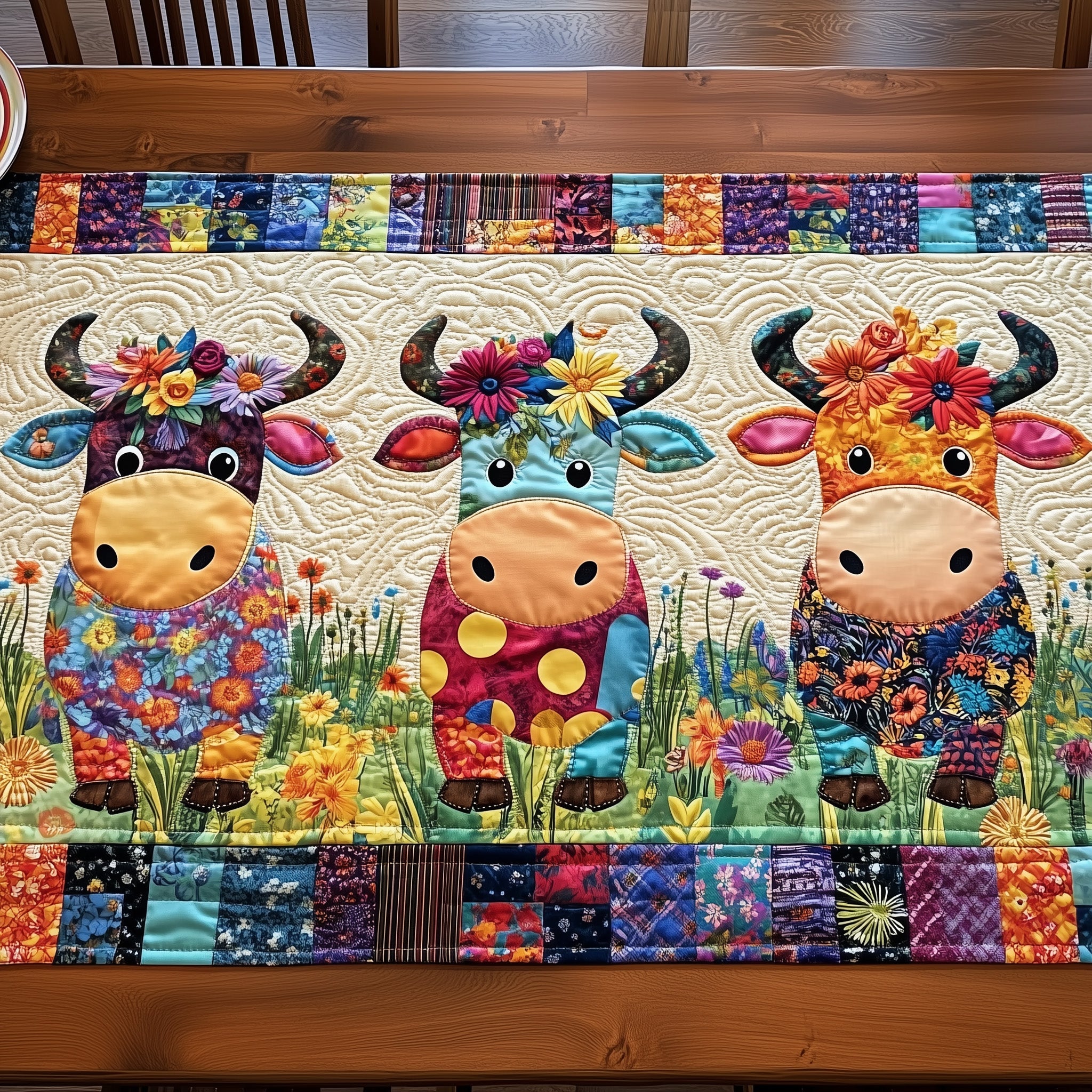 Floral Moo Parade Quilted Table Runner, Easter Table Runner, Spring Table Runner, Mother's Day Gifts