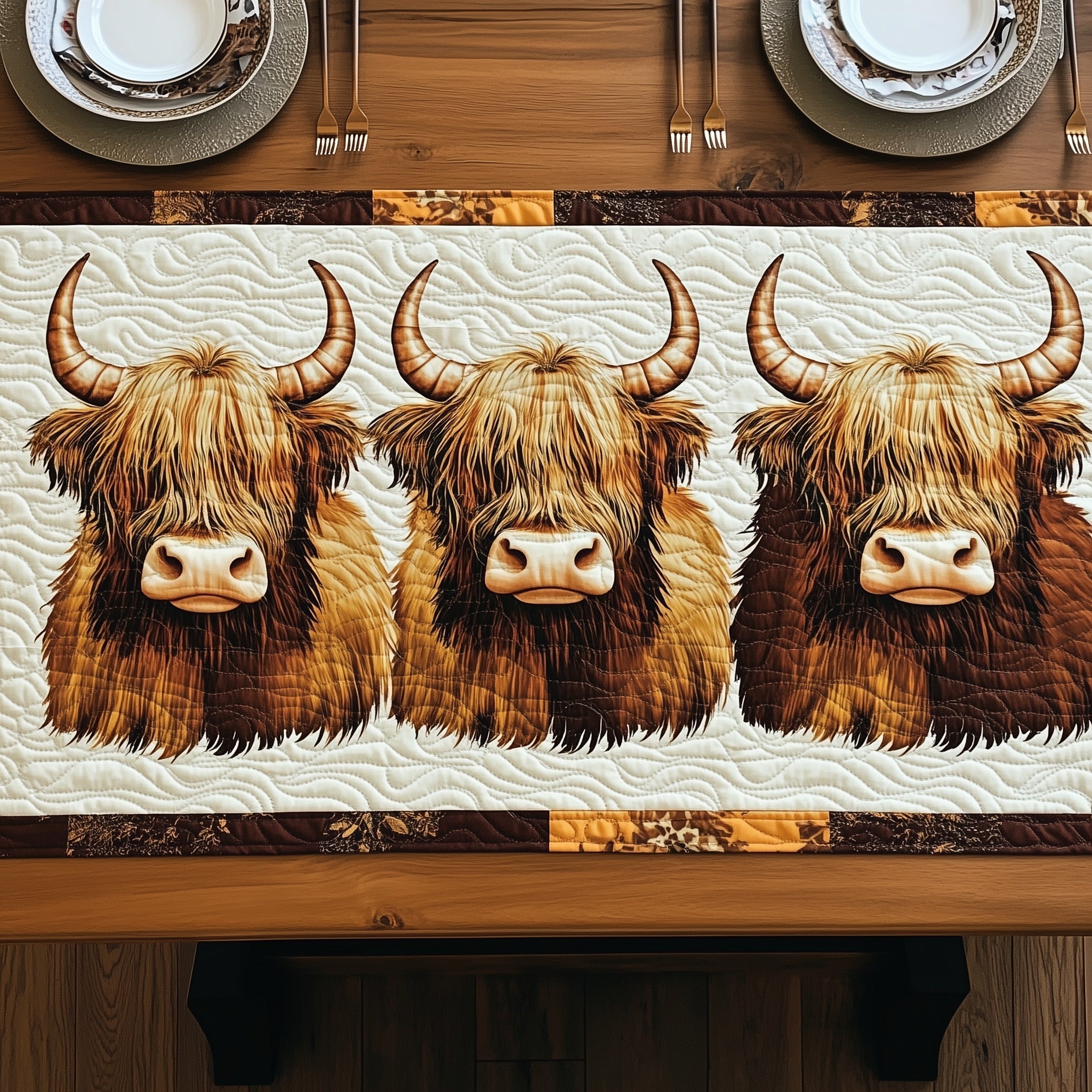 Fluffy Highland Moo Quilted Table Runner, Easter Table Runner, Spring Table Runner, Mother's Day Gifts