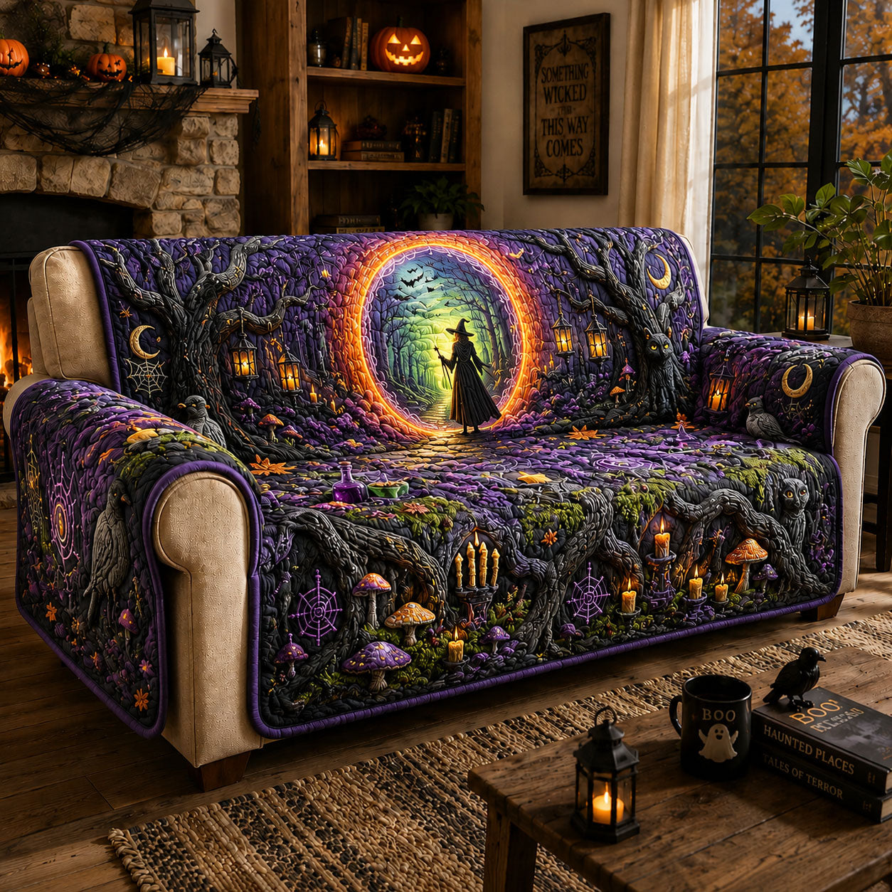 Witch Portal Forest Halloween Quilted Sofa Cover Fall Halloween Decor For Sofa Couch