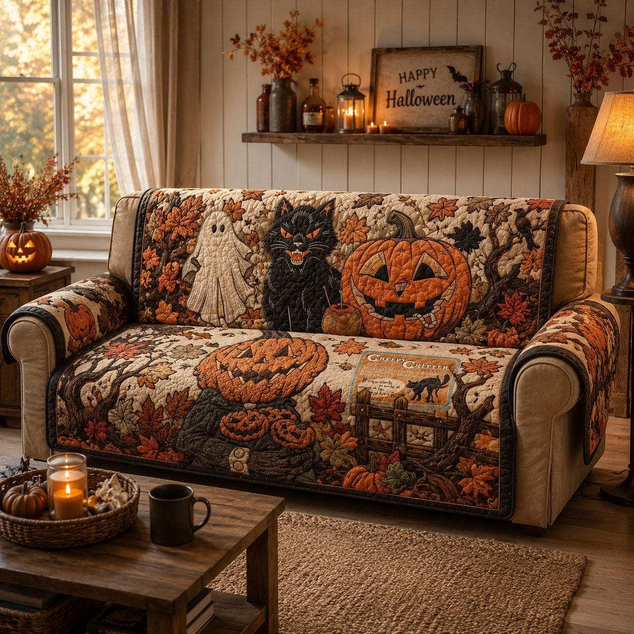 Vintage Pumpkin Cat Ghost Halloween Quilted Sofa Cover Fall Halloween Decor For Sofa Couch