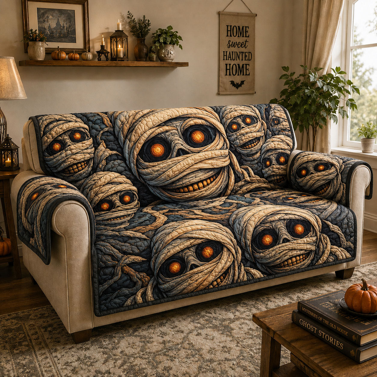 Mummy Gaze Gathering Quilted Sofa Cover Fall Halloween Decor For Sofa Couch