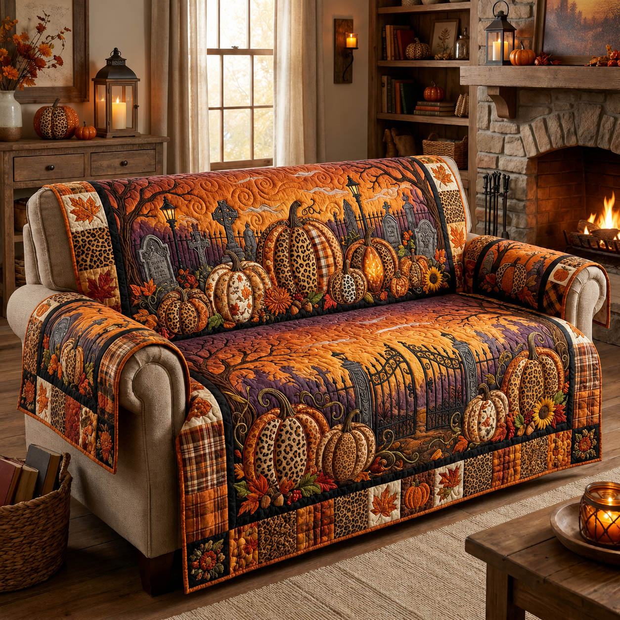 Halloween Pumpkin Harvest Quilted Sofa Cover Fall Halloween Decor For Sofa Couch