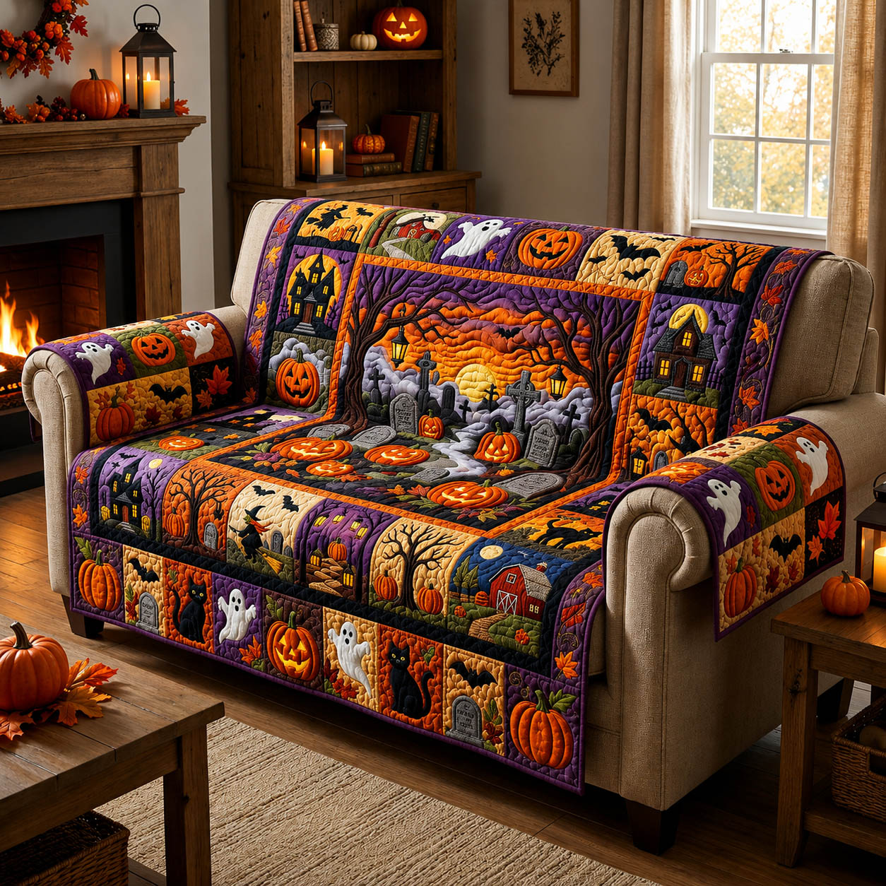 Halloween Pumpkin Patchwork Quilted Sofa Cover Fall Halloween Decor For Sofa Couch