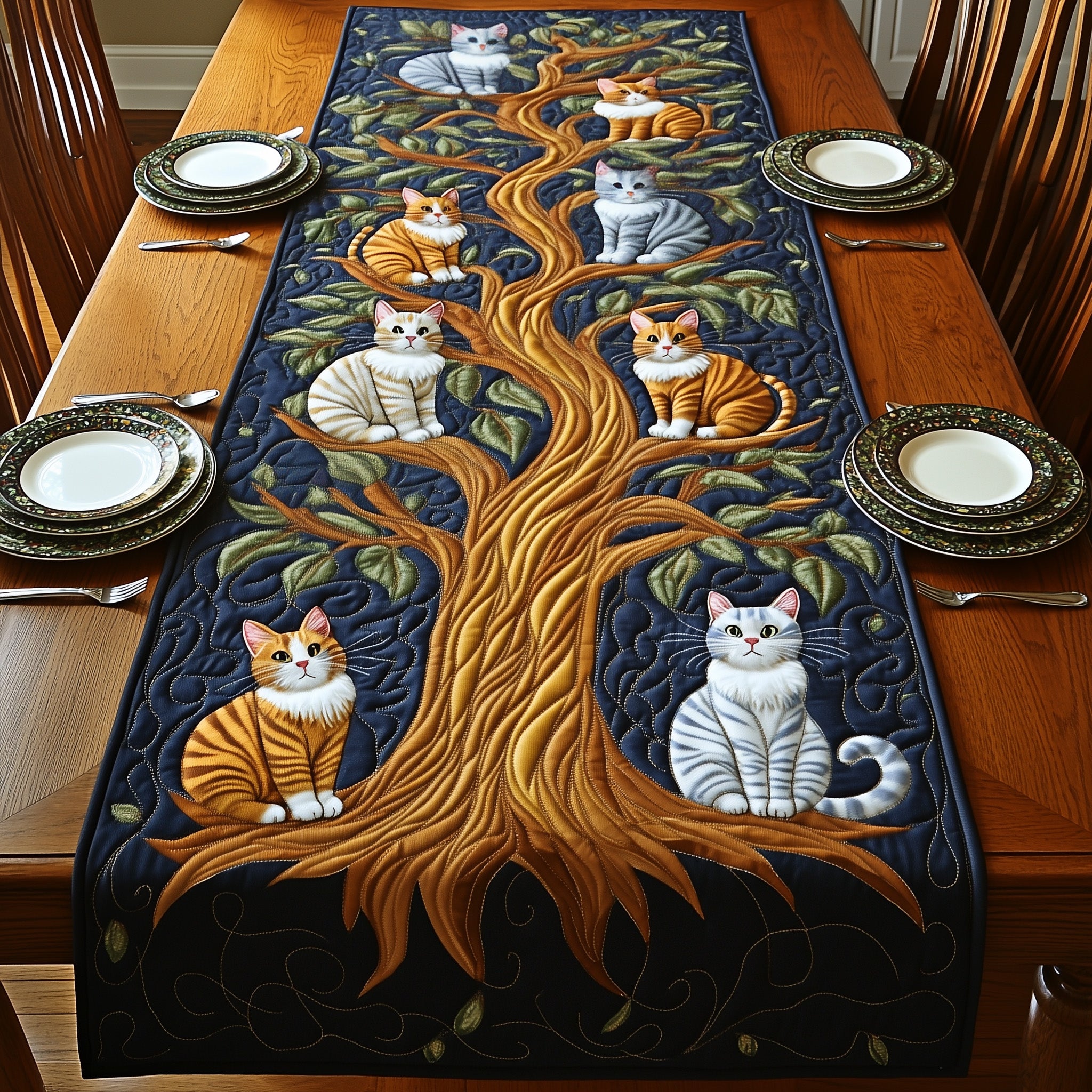 Tree of Cats Quilted Table Runner, Easter Table Runner, Spring Table Runner, Mother's Day Gifts