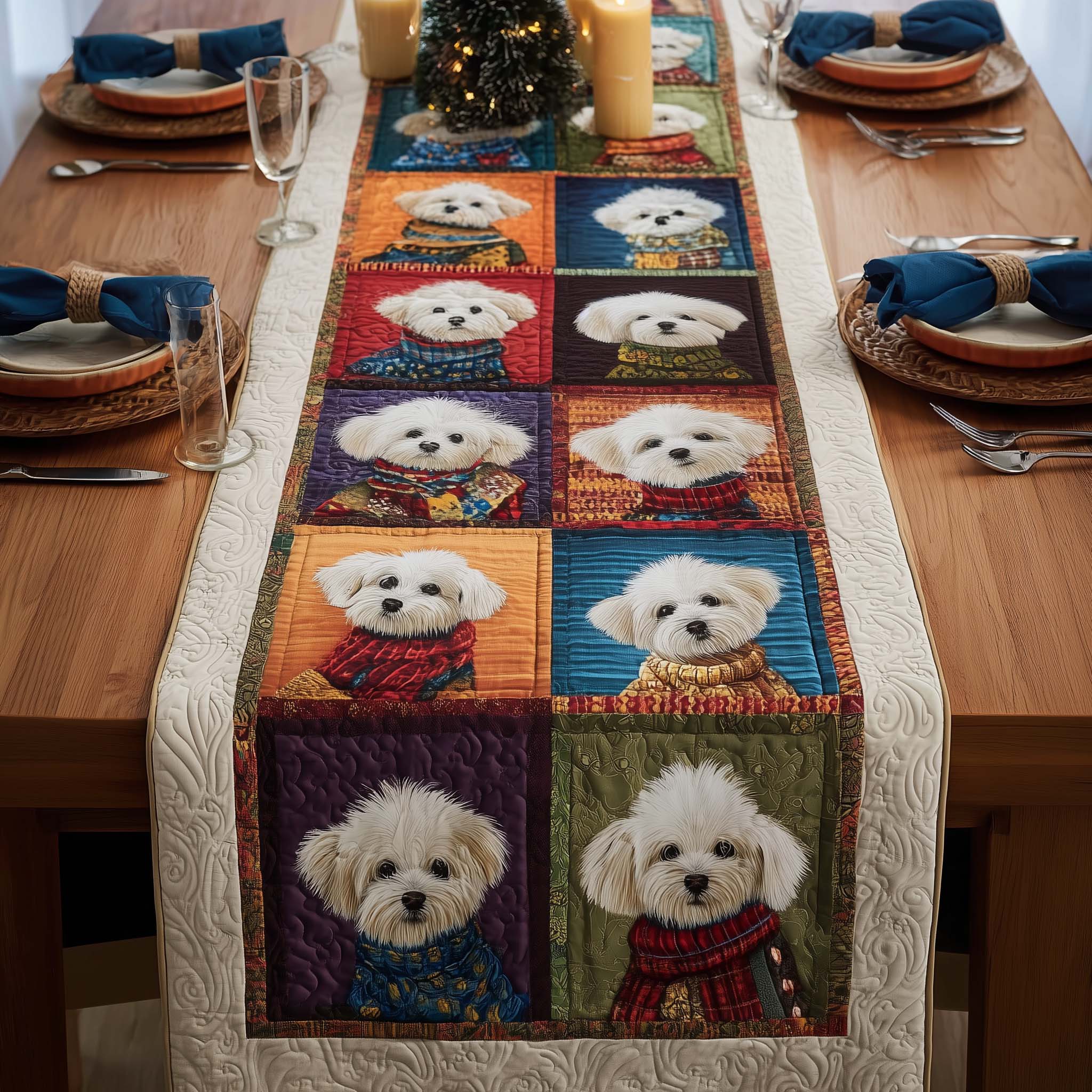 Bichon Quilted Table Runner, Easter Table Runner, Spring Table Runner, Mother's Day Gifts