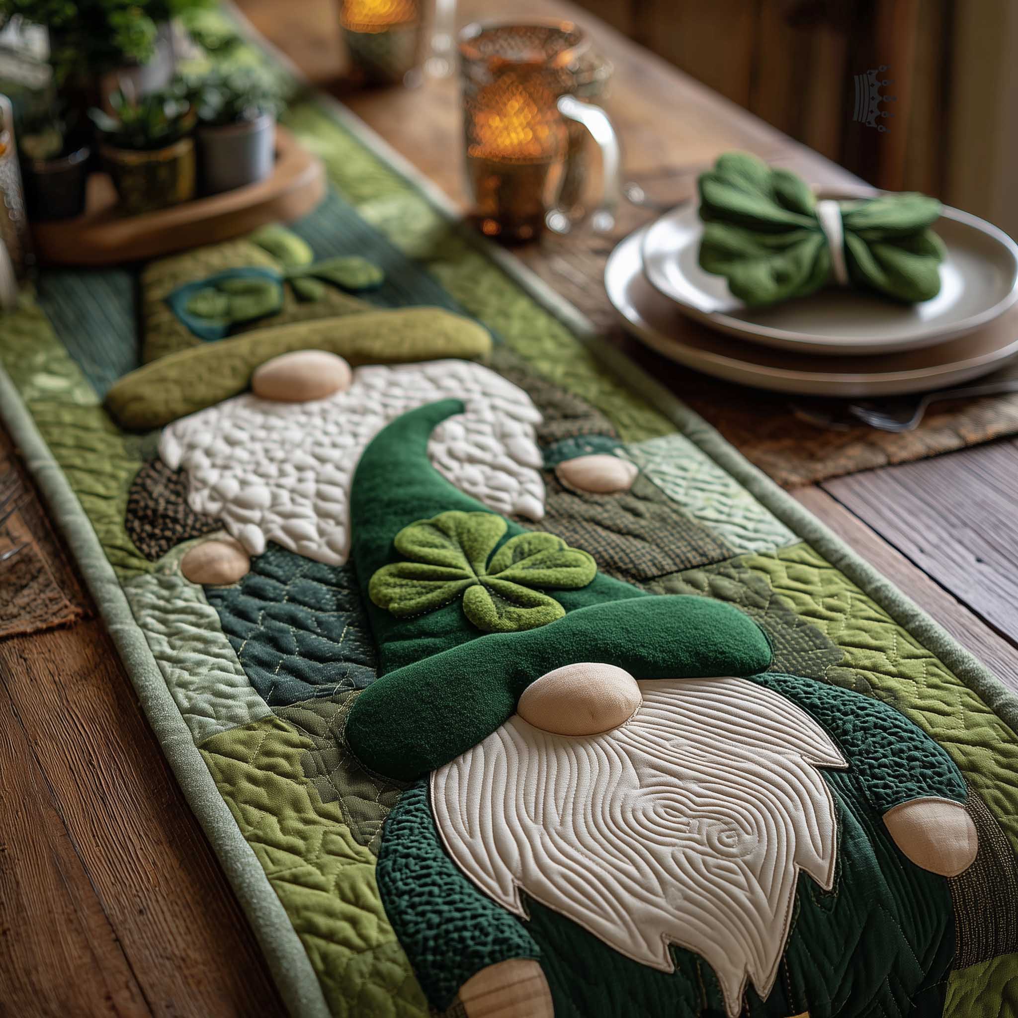 Shamrock Gnome Quilted Table Runner, Easter Table Runner, Spring Table Runner, Mother's Day Gifts