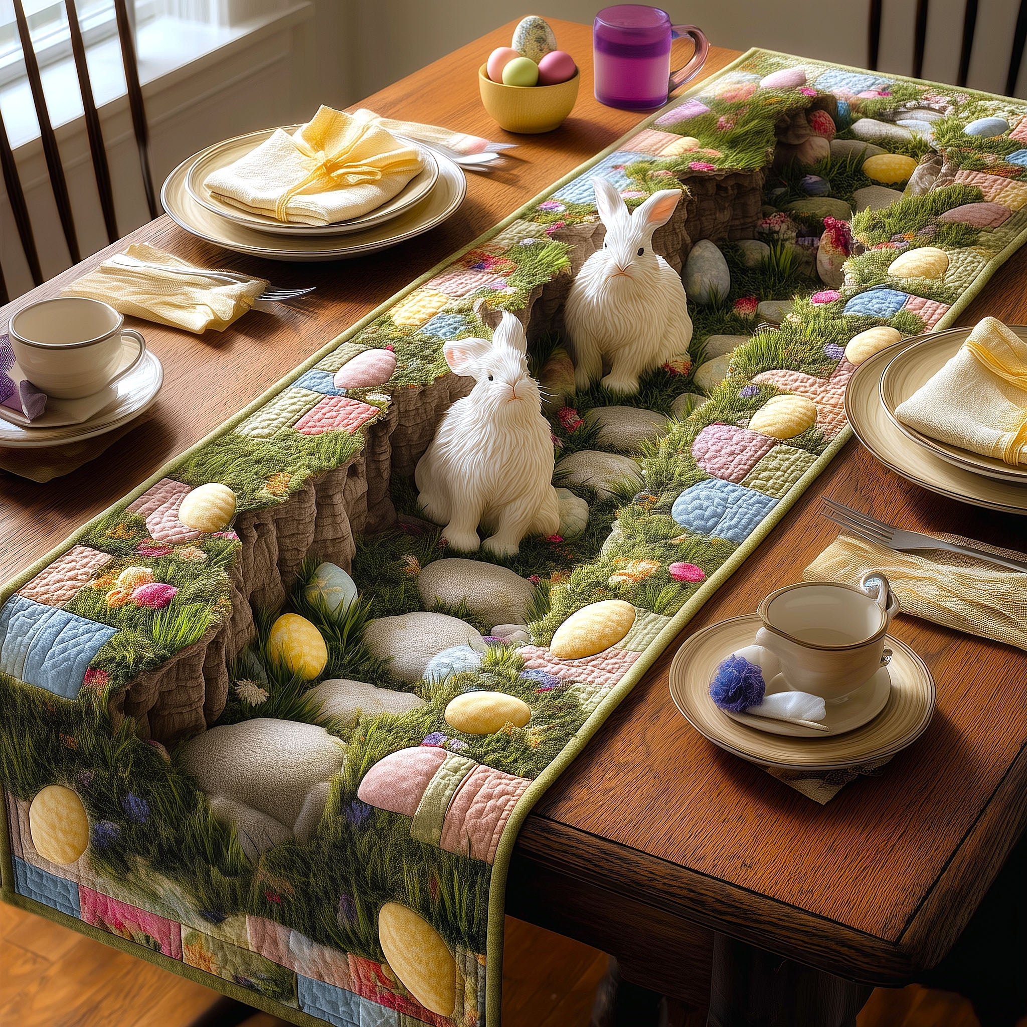 Bunny Bloom Quilted Table Runner, Easter Table Runner, Spring Table Runner, Mother's Day Gifts