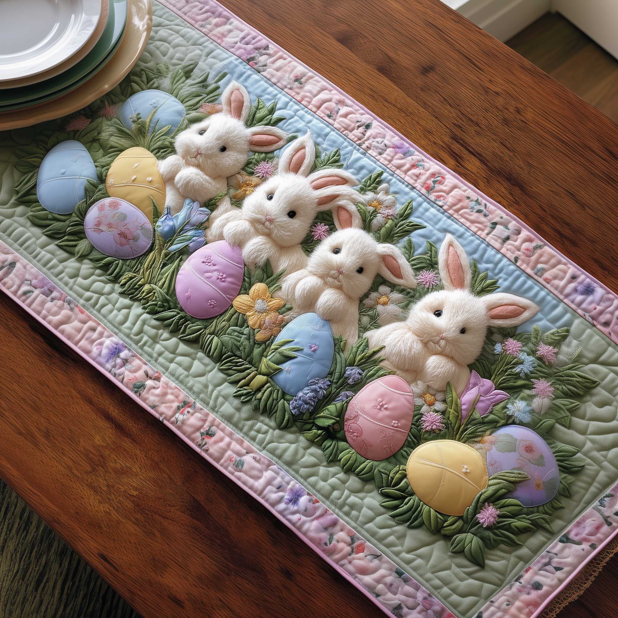 Cottage Bunny Quilted Table Runner, Easter Table Runner, Spring Table Runner, Mother's Day Gifts