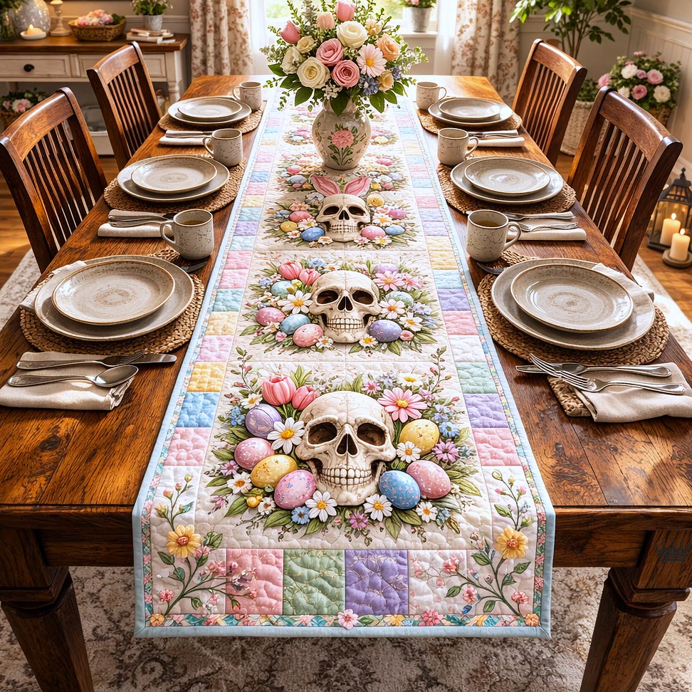 Skull Easter Quilted Table Runner, Easter Table Runner, Spring Table Runner, Mother's Day Gifts