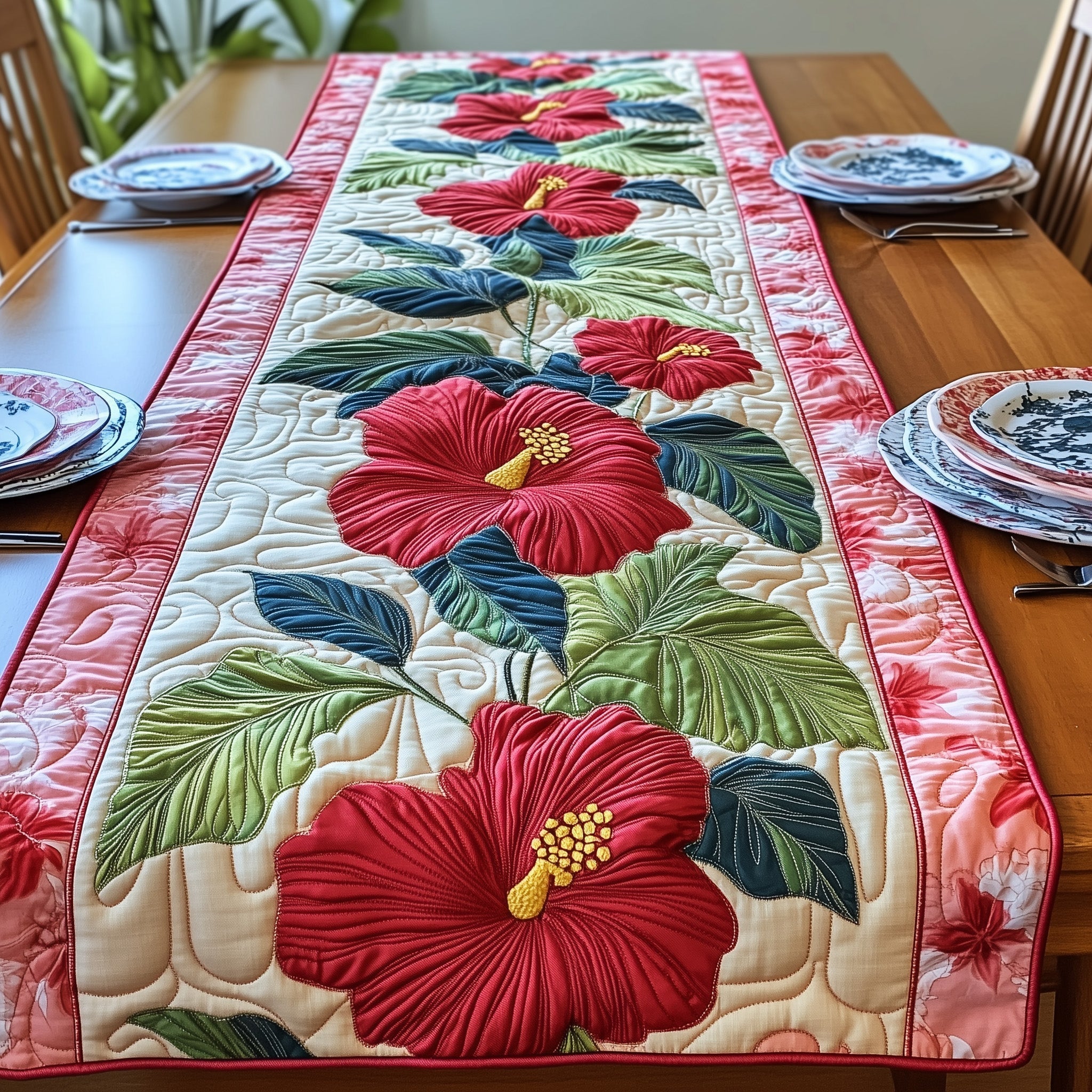 Hibiscus Charm Quilted Table Runner, Easter Table Runner, Spring Table Runner, Mother's Day Gifts