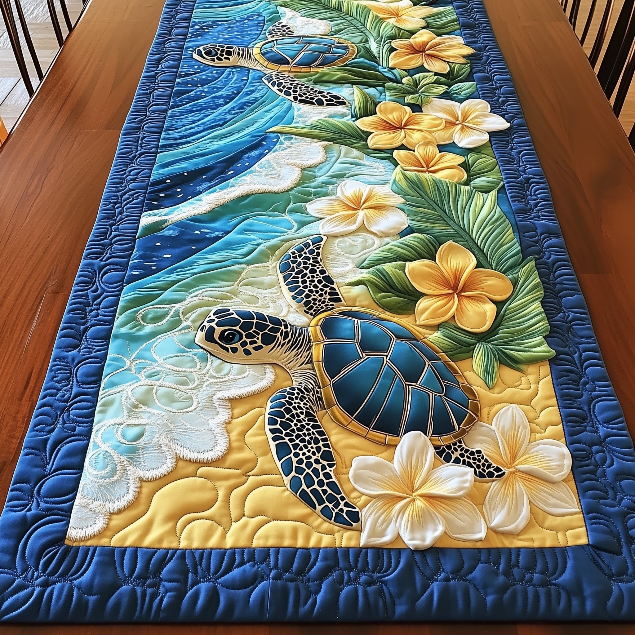 Plumeria Turtle Quilted Table Runner, Easter Table Runner, Spring Table Runner, Mother's Day Gifts