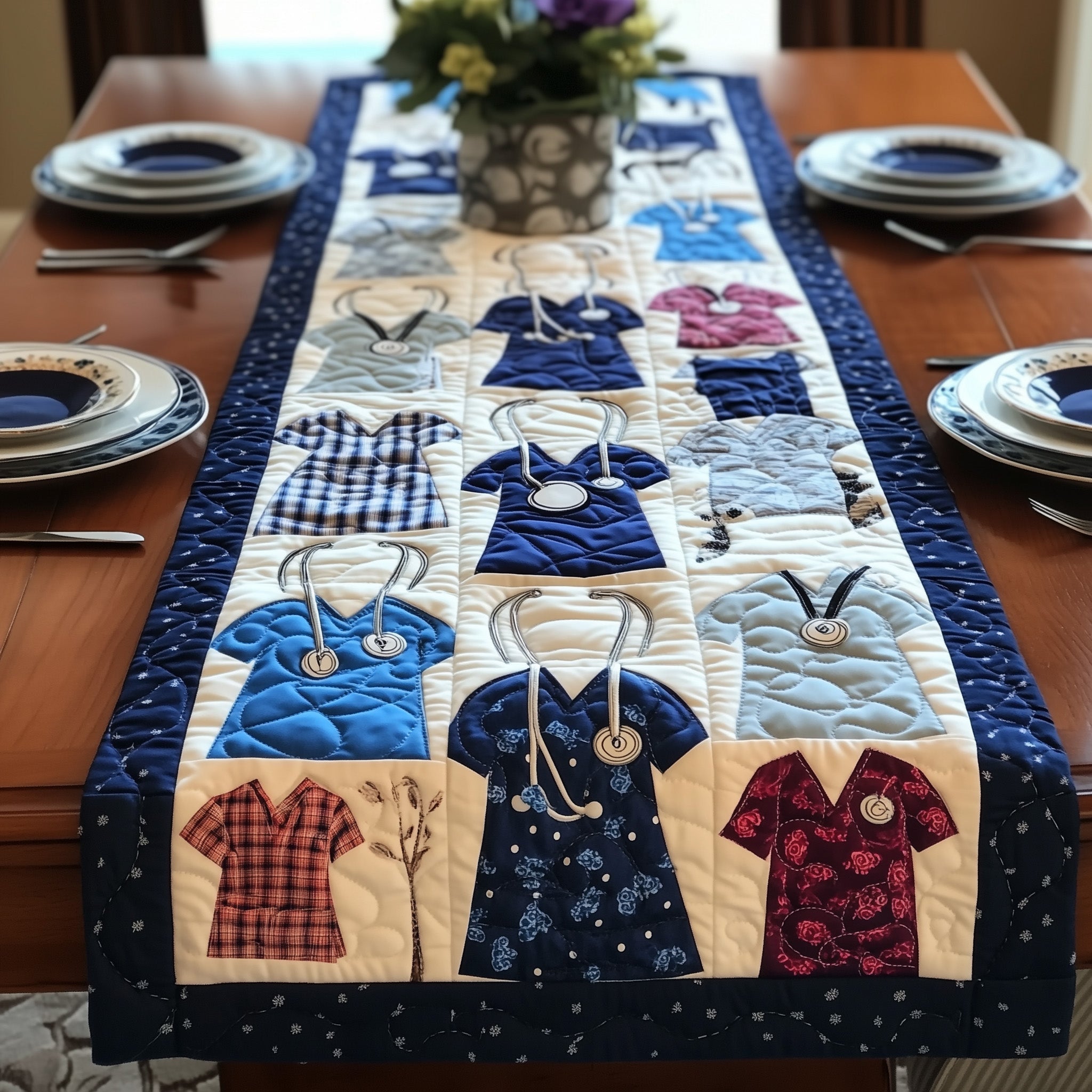 Nurse's Scrub Quilted Table Runner, Easter Table Runner, Spring Table Runner, Mother's Day Gifts