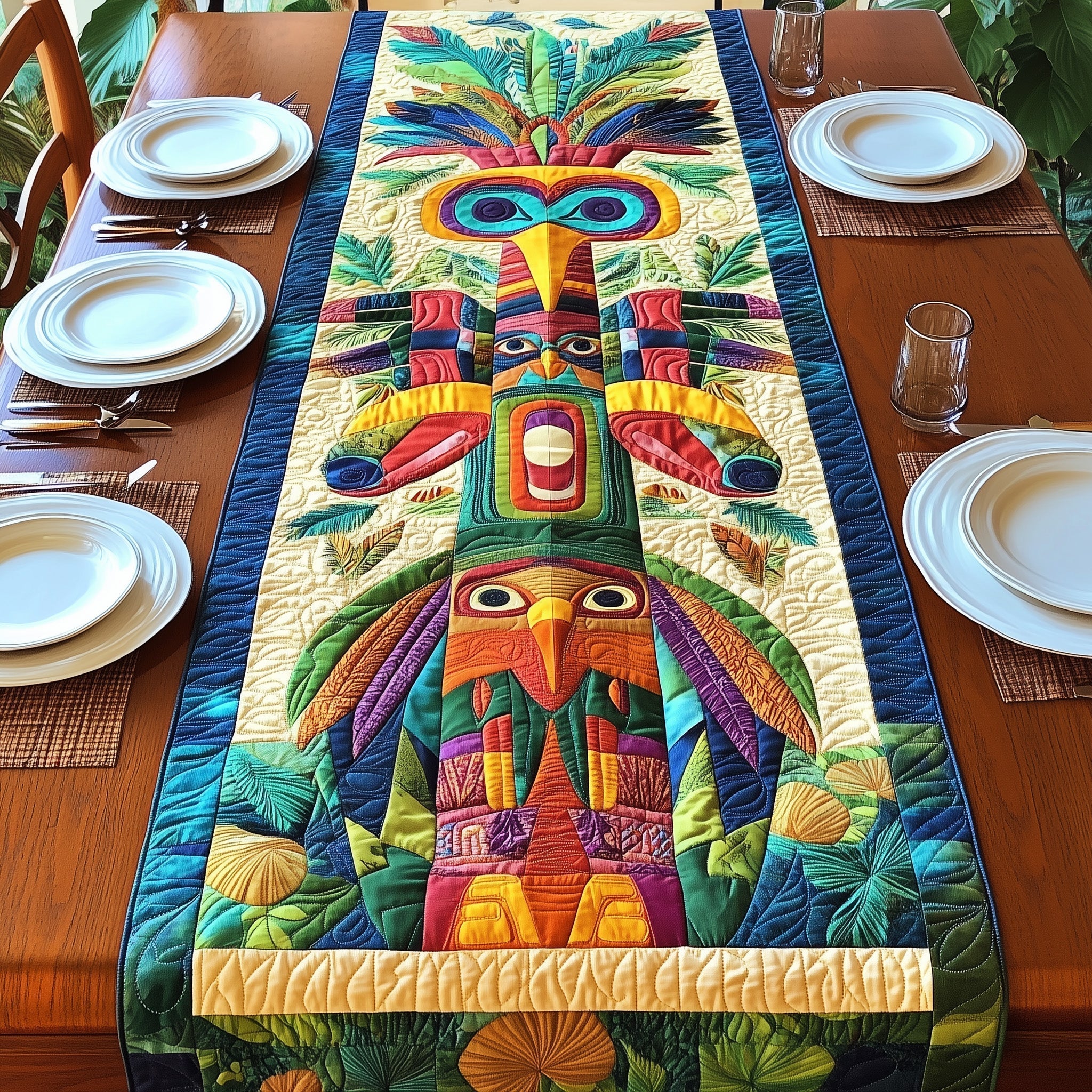 Tribal Totem Pole Quilted Table Runner, Easter Table Runner, Spring Table Runner, Mother's Day Gifts