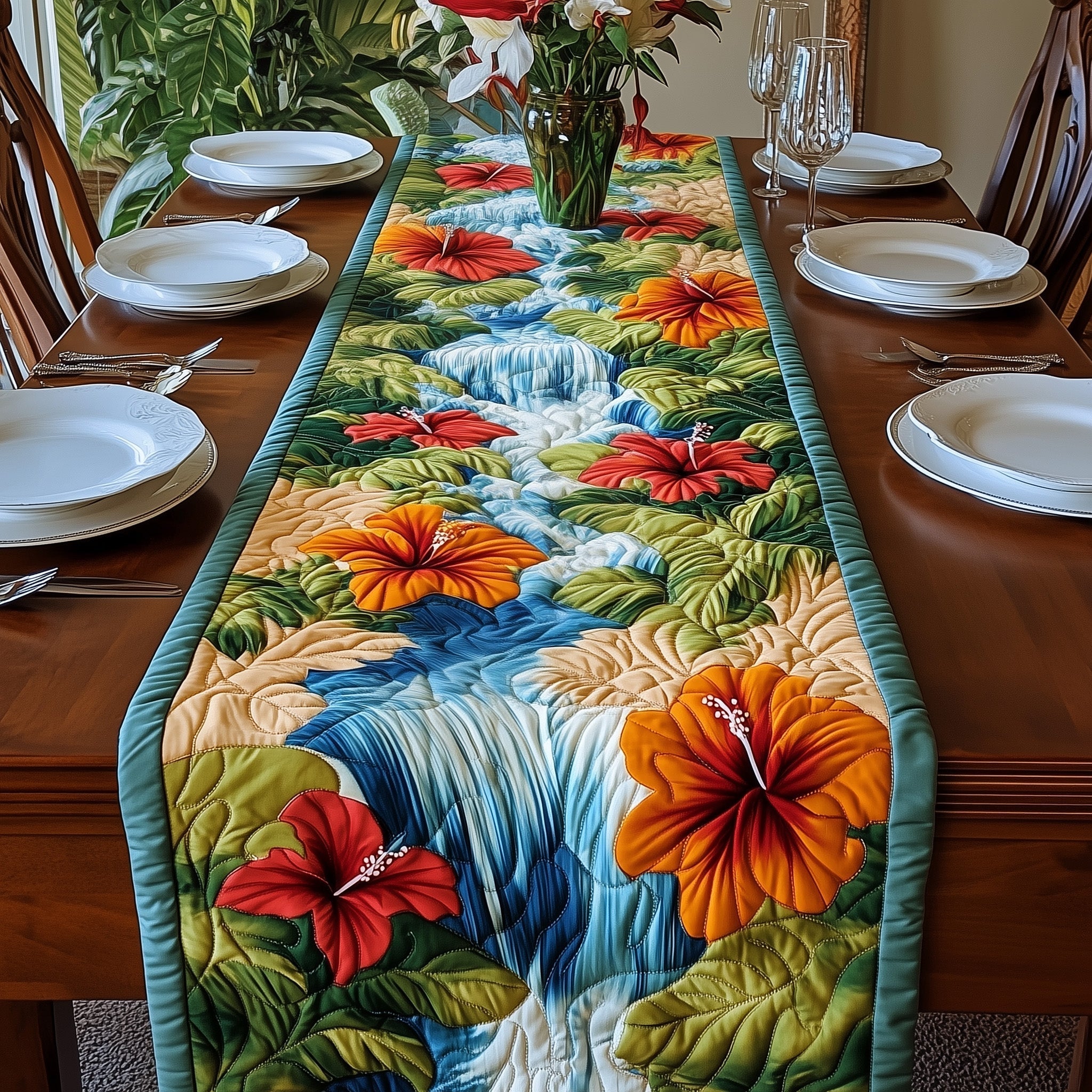 Hibiscus Waterfall Quilted Table Runner, Easter Table Runner, Spring Table Runner, Mother's Day Gifts
