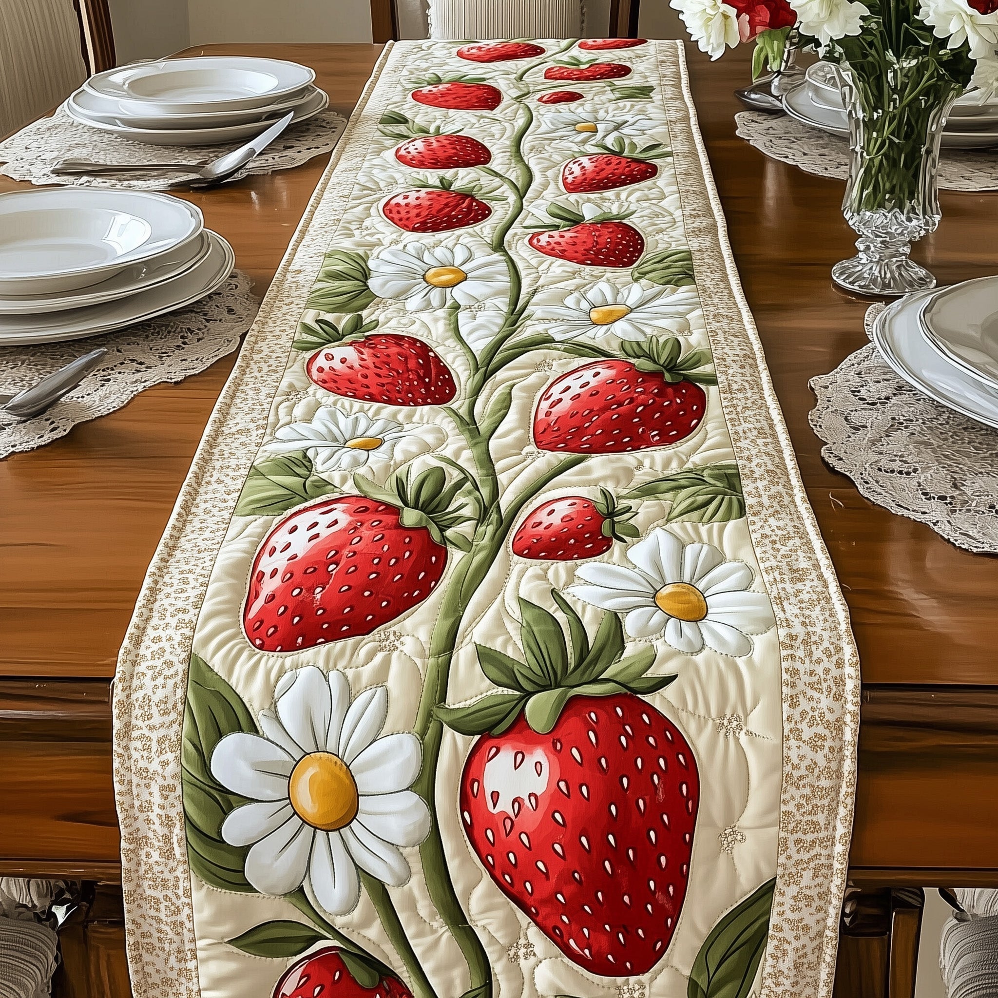 Summer Strawberry Quilted Table Runner, Easter Table Runner, Spring Table Runner, Mother's Day Gifts