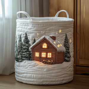 Winter Snowy Log Cabin laundry basket