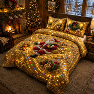 Golden Santa Christmas Lights Quilted Bedding Set
