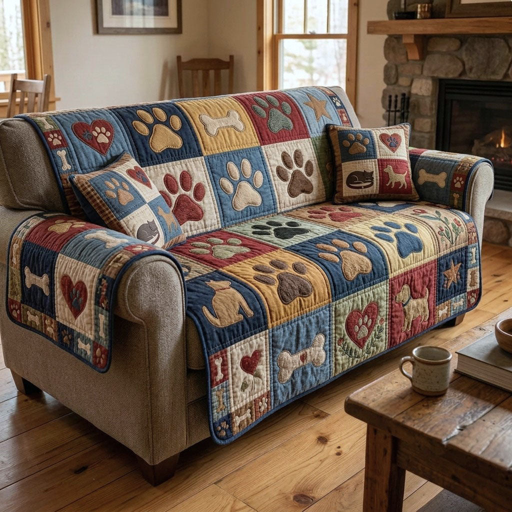 Colorful Paw Quilted Sofa Cover Fall Halloween Decor For Sofa Couch