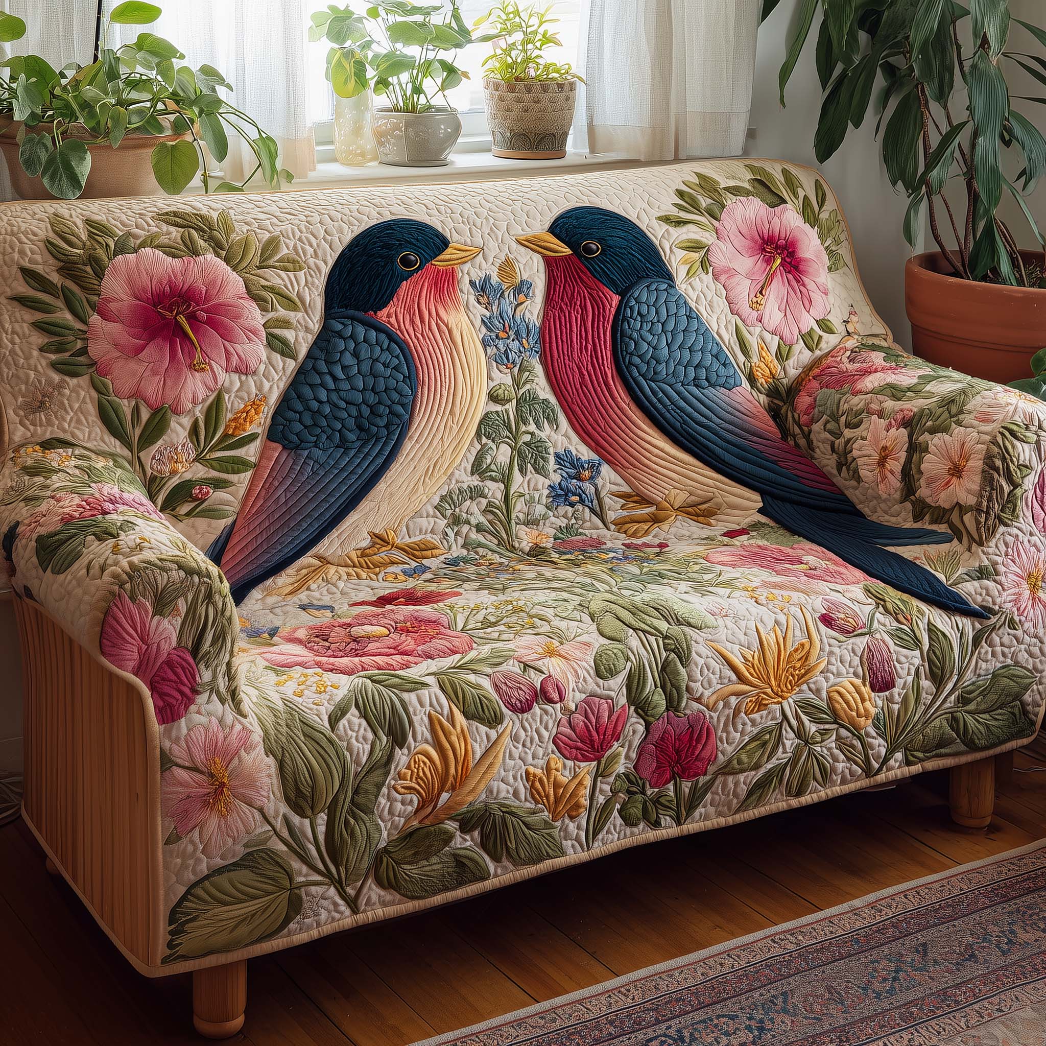 Floral Swallow Quilted Sofa Cover Fall Halloween Decor For Sofa Couch