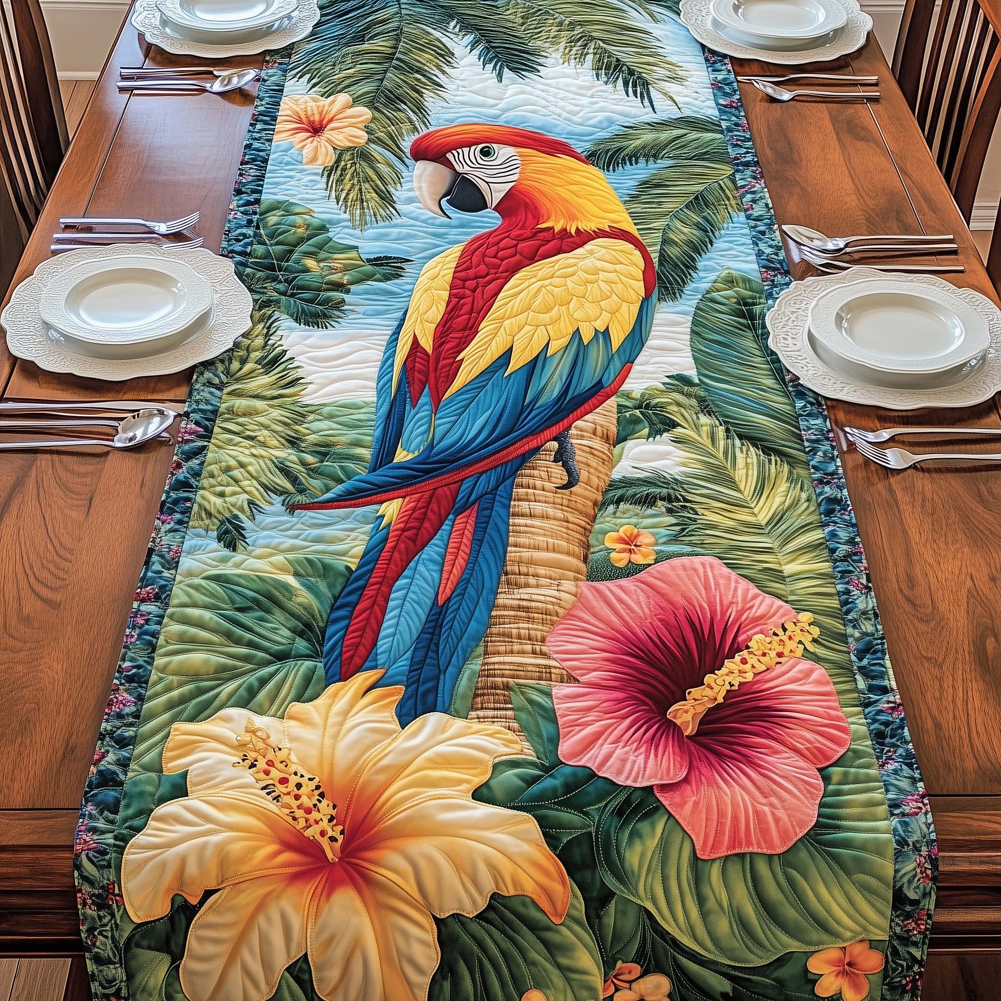 Island Parrot Quilted Table Runner, Easter Table Runner, Spring Table Runner, Mother's Day Gifts