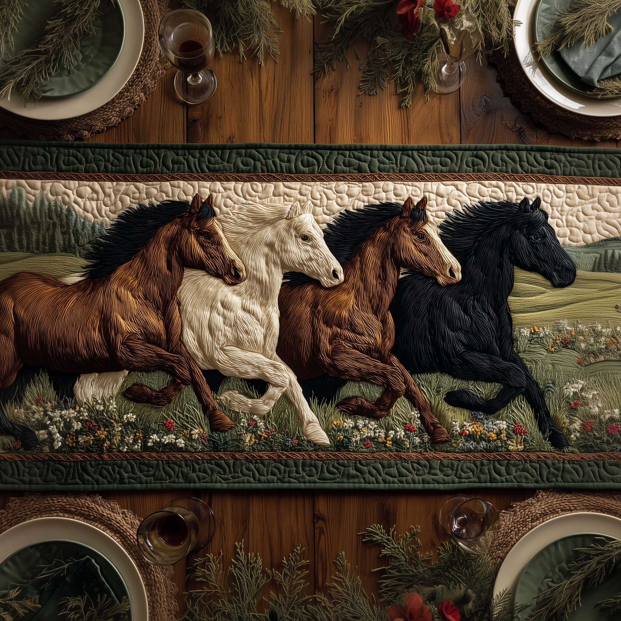 Horse Parade Quilted Table Runner, Easter Table Runner, Spring Table Runner, Mother's Day Gifts