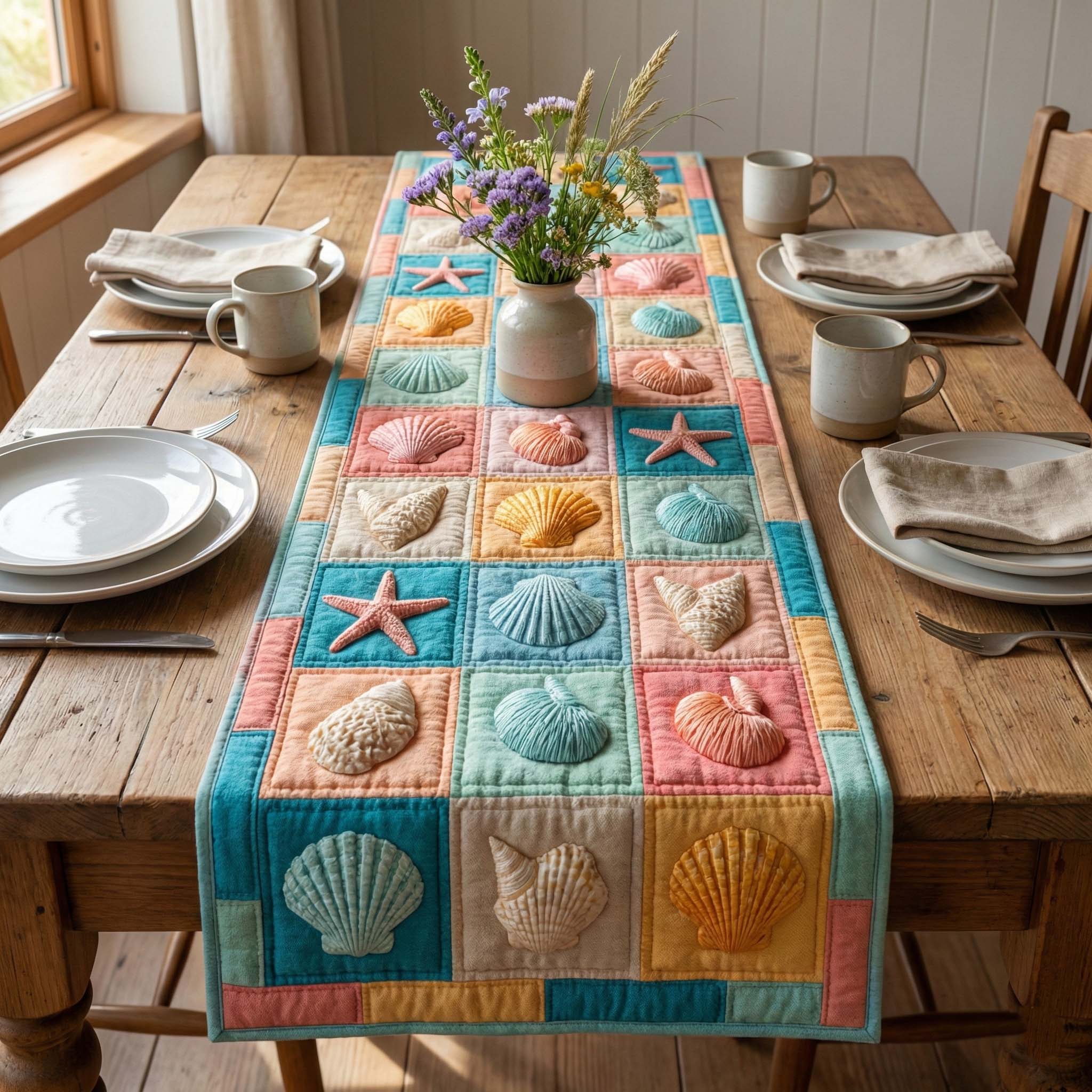 Seaside Patch Quilted Table Runner, Easter Table Runner, Spring Table Runner, Mother's Day Gifts