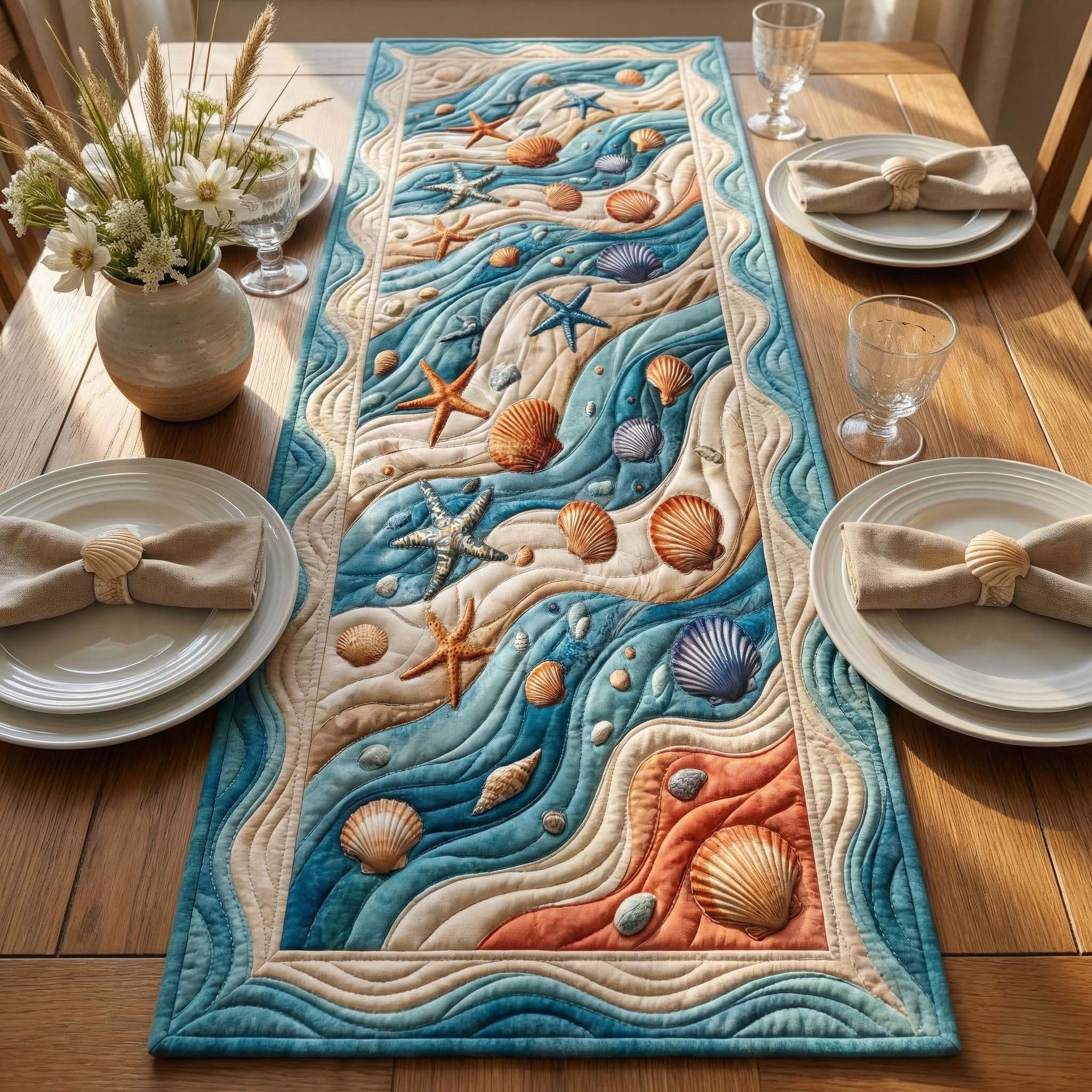 Wavy Seashell Quilted Table Runner, Easter Table Runner, Spring Table Runner, Mother's Day Gifts