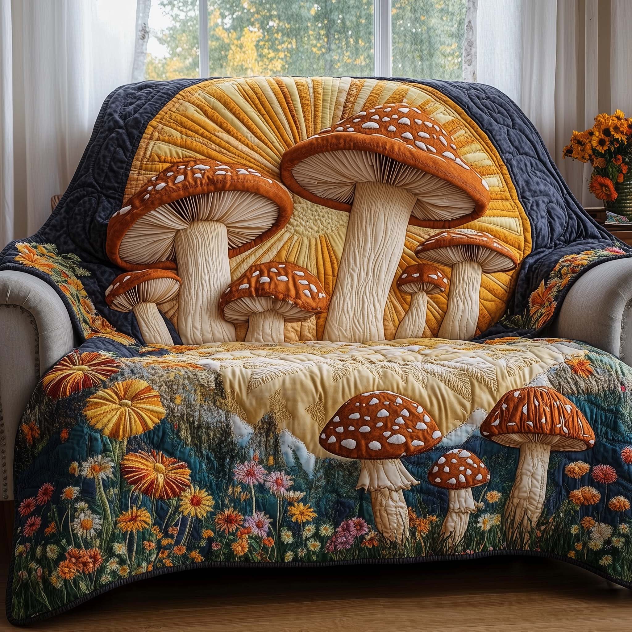 Sunburst Mushroom Quilted Sofa Cover Fall Halloween Decor For Sofa Couch