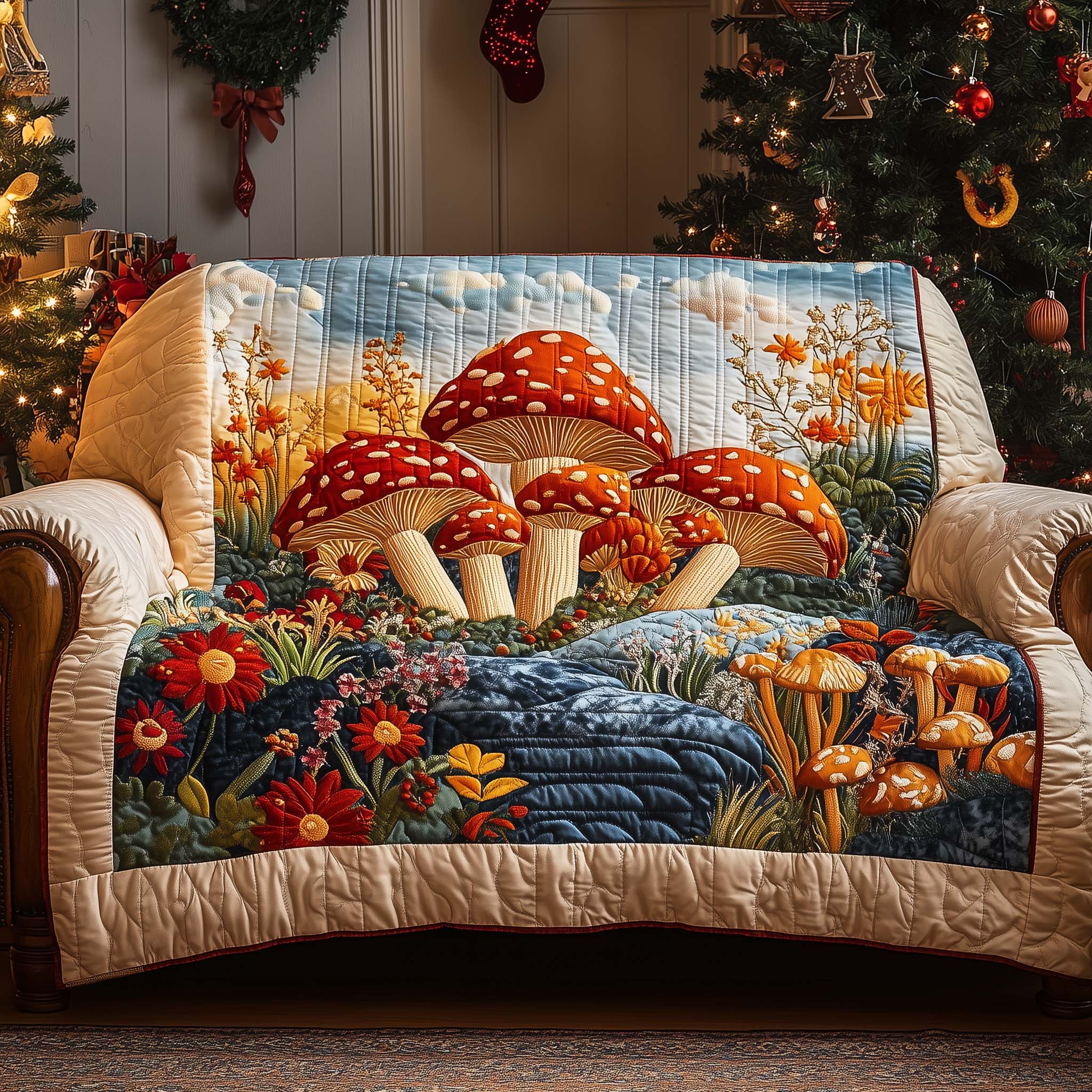 Blooming Shrooms Quilted Sofa Cover Fall Halloween Decor For Sofa Couch