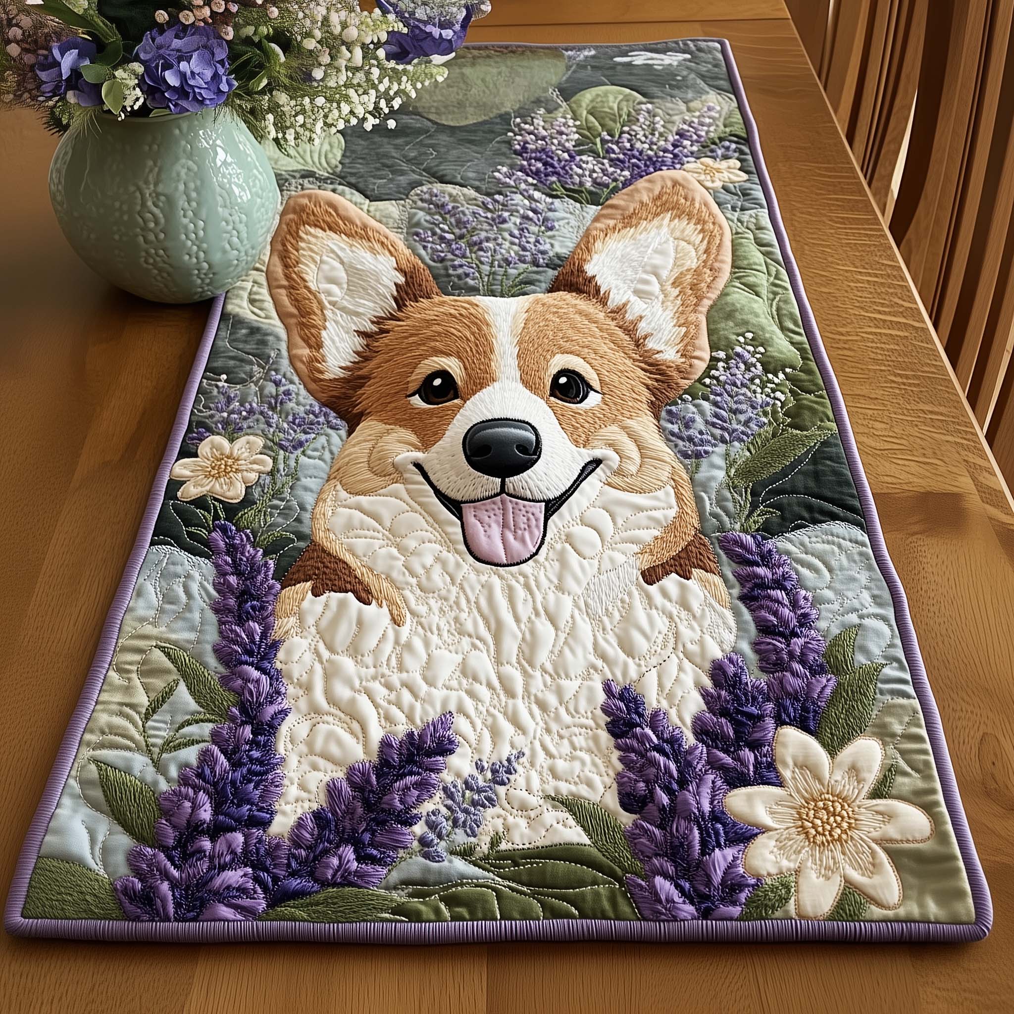 Lavender Corgi Quilted Table Runner, Easter Table Runner, Spring Table Runner, Mother's Day Gifts
